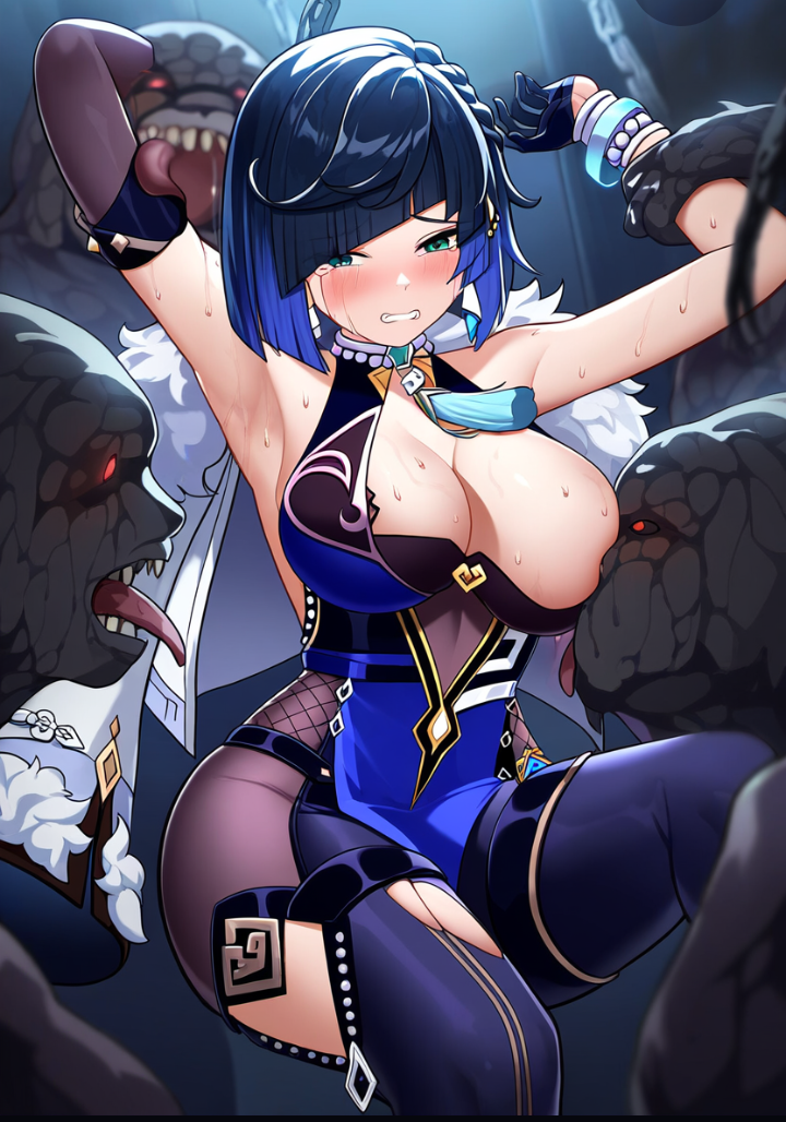 ai_generated beast big_breasts black_hair breast_sucking breasts breasts clothing_damage crying crying_with_eyes_open defeated defeated_heroine genshin_impact lv99slime monster monster_rape nipple_suck nipples torn_clothes yelan_(genshin_impact)