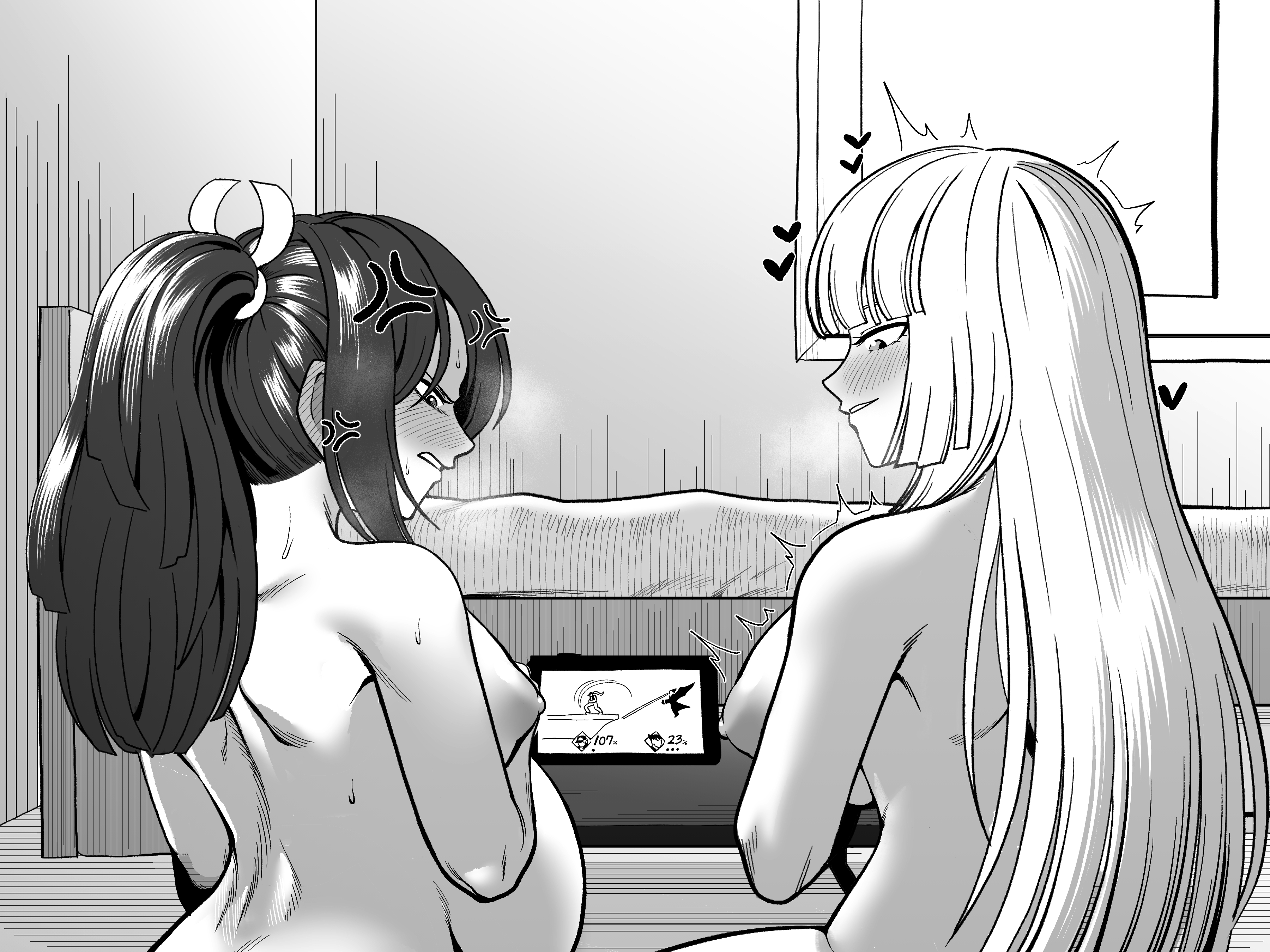 1futa, 1girls, angry, bed, bedroom, belly, belly bulge, blush, breasts, capcom, clothed, completely nude, cumflated belly, cumflation, emilie de rochefort, fatal fury, female, futa on female, futanari, huge breasts, intersex, king of fighters, long hair, looking back, mai shiranui, monochrome, nintendo, nintendo controller, nintendo switch, nipples, nude, nude female, queen's gate, snk, stomach bulge, tekken, tekkin papa, video games