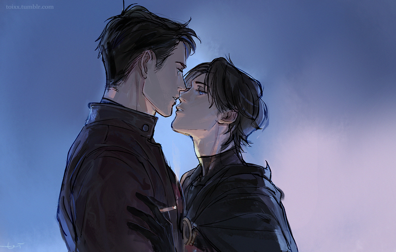 2boys, adoptive siblings, almost kissing, batman (series), dc, dc comics, duo, face-to-face, height difference, imminent kiss, jason todd, kiss, male, male only, male/male, red hood (dc), red robin, step-siblings, tim drake, toixx, yaoi
