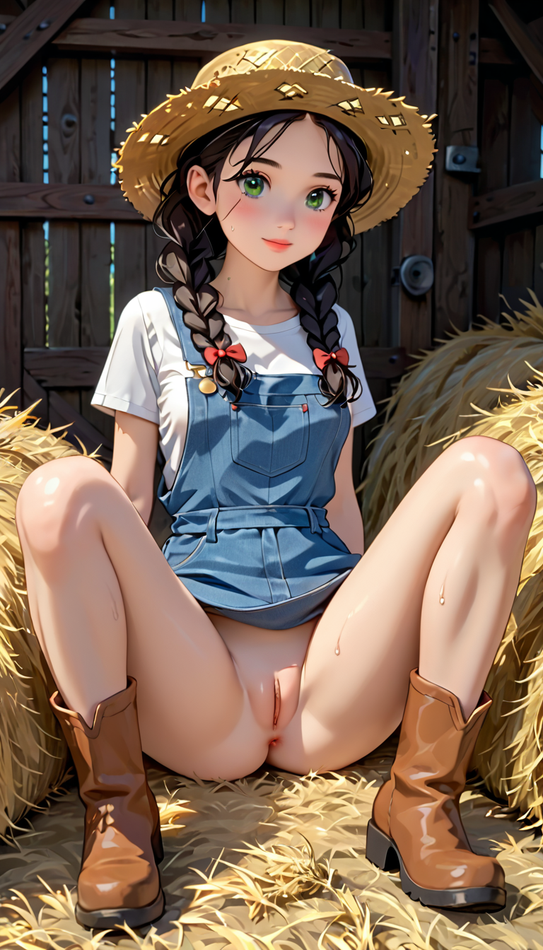 1girls ai_generated big_butt black_hair boots brown_boots day exposed_pussy farm farm_girl farmer farmgirl gloves green_eyes hat hay haystack original_character overalls pussy rancher_rebecca sitting straw_hat sweatdrop sweating sweaty sweaty_body terror139 thick_thighs thighs white_skin wide_hips work_gloves