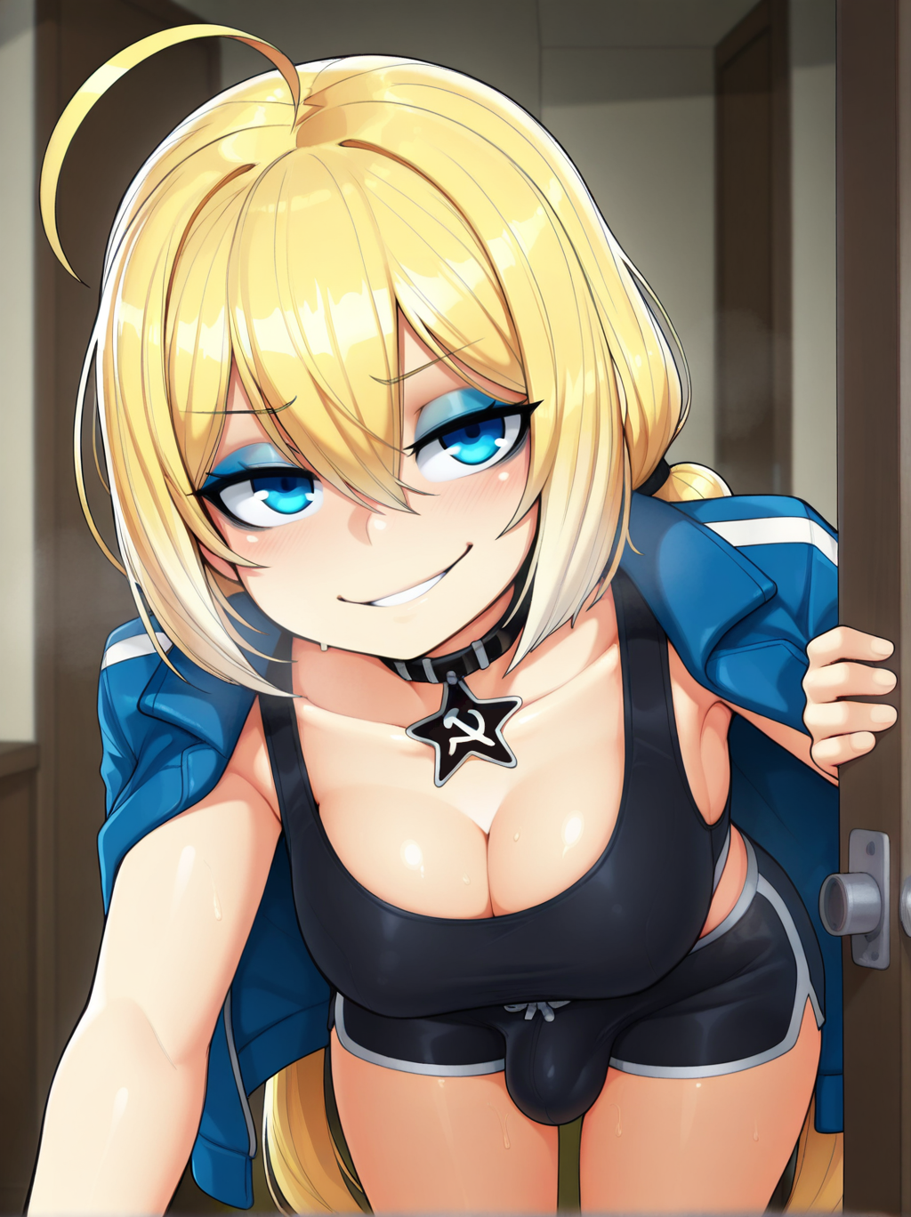 1futa ahoge ai_assisted ai_generated altra_x bent_over big_breasts blonde_hair blue_eyes blue_eyeshadow bob_cut bulge cleavage collarbone commission commission_art facing_viewer futanari heavy_breathing jacket_on_shoulders long_hair looking_at_viewer open_door planya planyach shorts smirk sport_shorts sports_bra steaming_body tank_top very_long_hair virtual_youtuber vtuber