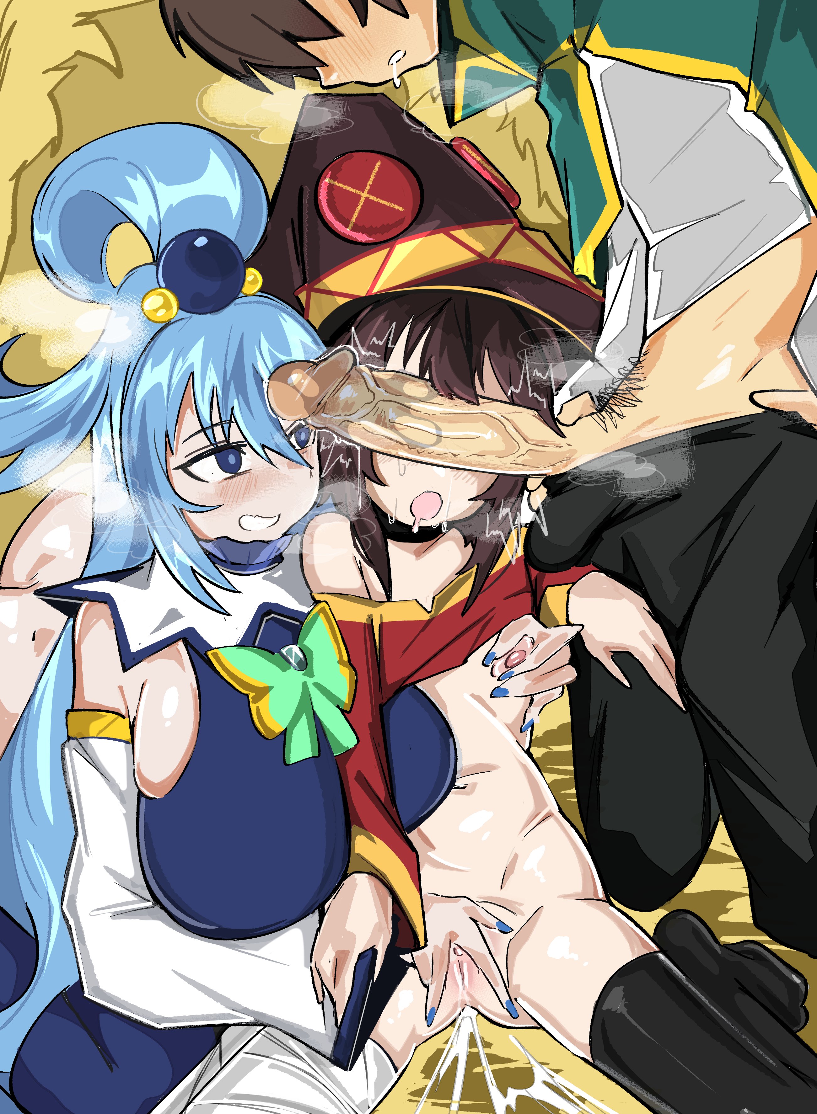 1boy, 2girls, aqua (konosuba), ass, assisted masturbation, bottomless female, cock hungry, eyes covered, female, female ejaculation, grabbing own breast, kono subarashii sekai ni shukufuku wo!, large ass, large breasts, large penis, male, masturbation, megumin, multiple girls, painted nails, penis, pulling down pants, satou kazuma, shirt lift, small breasts, steam, y2kqtz