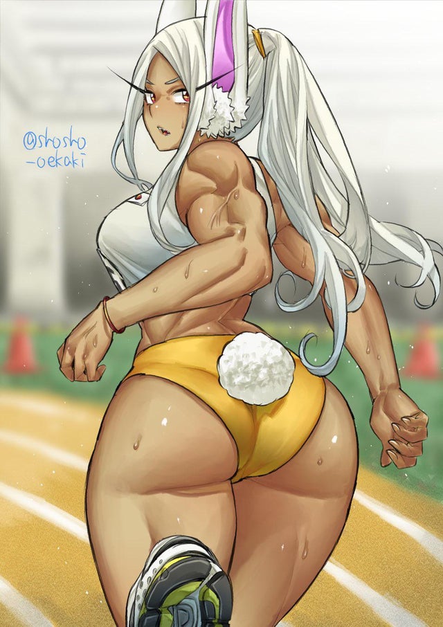 1girls female female_only long_hair looking_at_viewer looking_back miruko muscular_female my_hero_academia rabbit_ears shosho_oekaki solo solo_female solo_focus sweat sweatdrop sweating sweaty white_hair wide_hips