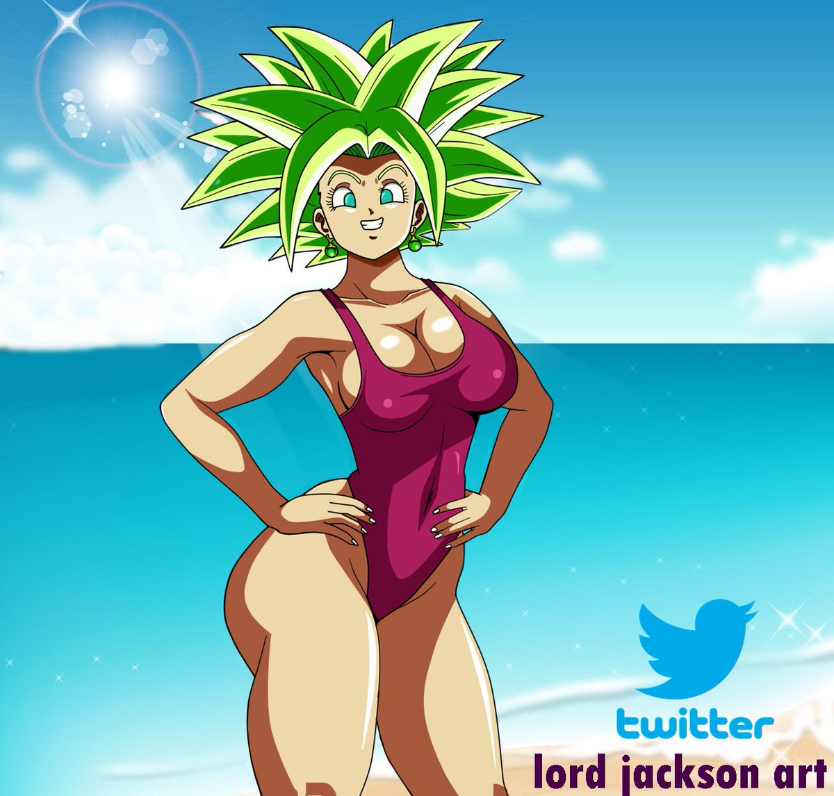 beach dragon_ball dragon_ball_super female female_only hands_on_hips kefla looking_at_viewer lord_jackson_art one-piece_swimsuit smile smiling smiling_at_viewer solo solo_female solo_focus super_saiyan super_saiyan_2 swimsuit