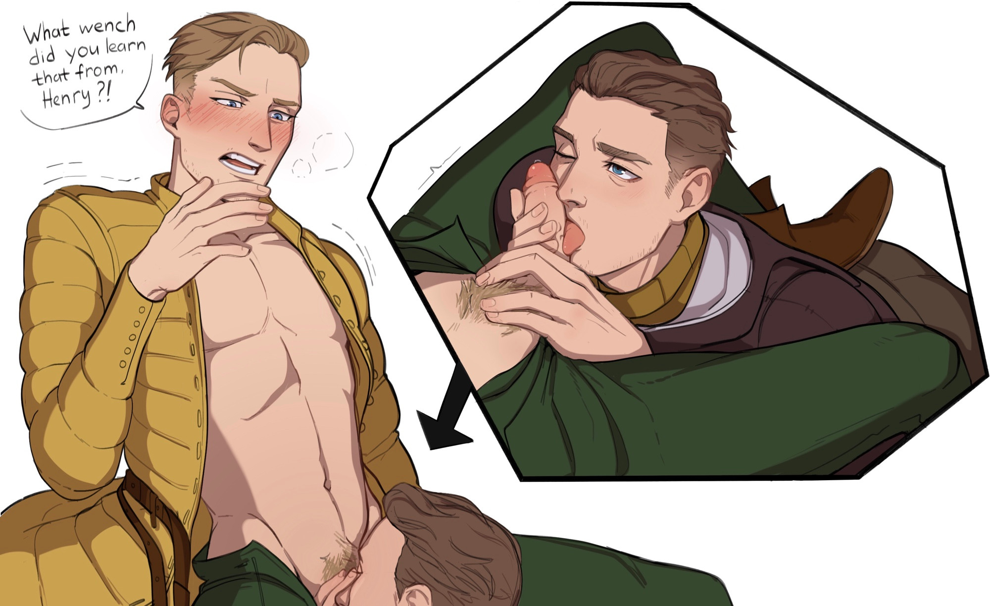 2boys, blowjob, blue eyes, blush, gay, hans capon (kingdom come: deliverance), henry (kingdom come: deliverance), kingdom come: deliverance (franchise), kingdom come: deliverance ii, male, male only, male/male, precum, speech bubble, ulricharcher