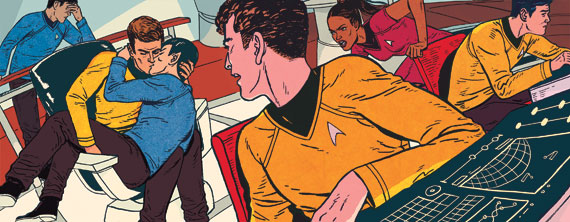 artist_request blue_shirt combadge gay hikaru_sulu james_t._kirk kissing leonard_mccoy male nyota_uhura pavel_chekov red_shirt spaceship spock star_trek starfleet_insignia starfleet_uniform yellow_shirt