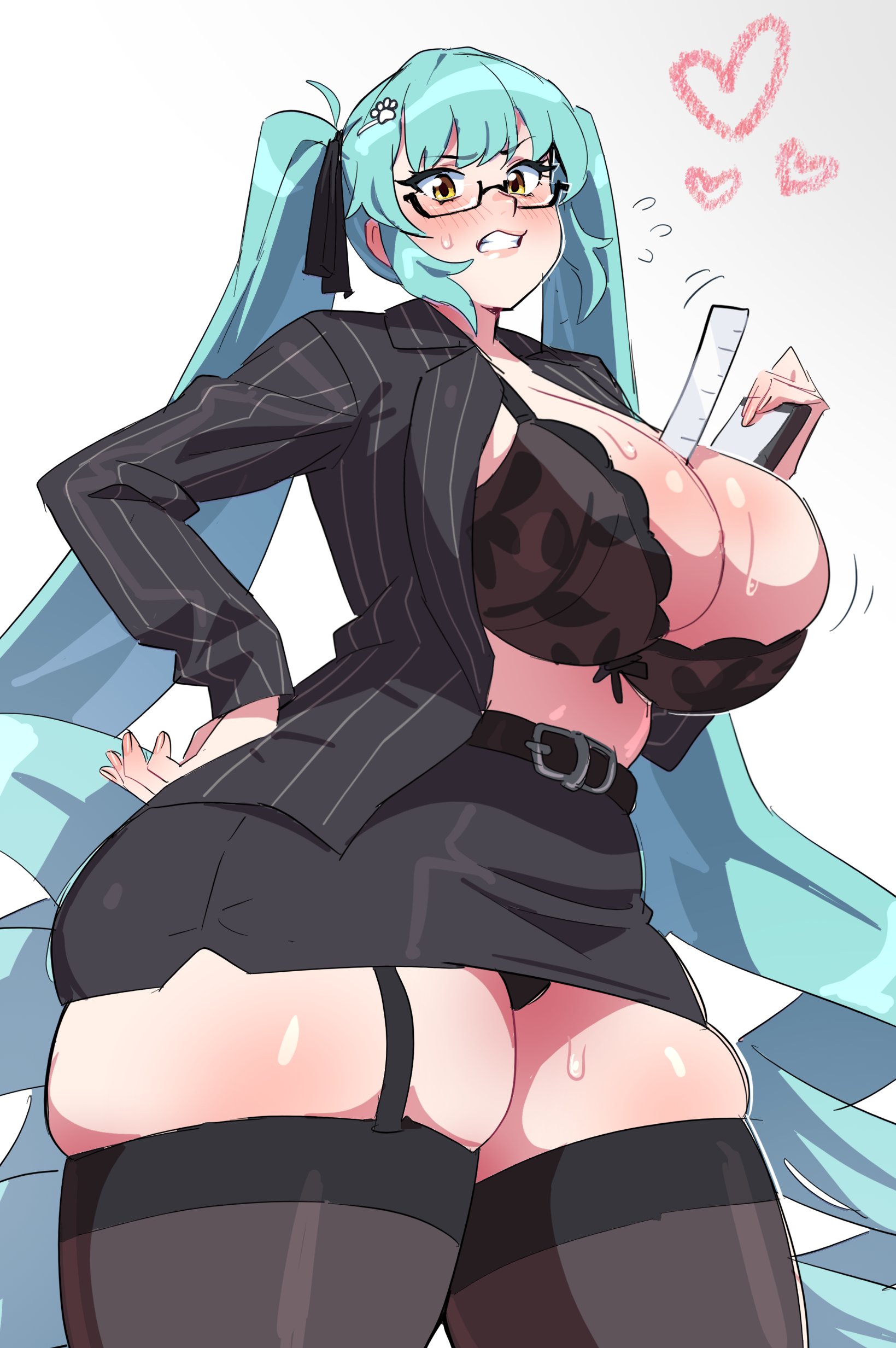 aqua hair, cleavage, embarrassed, garter belt, glasses, goddess of victory: nikke, huge breasts, huge thighs, kharonnsfw, kharuart, panties, panty peek, pantyshot, privaty (nikke), privaty (sharp lesson) (nikke), ruler, teacher, teacher outfit, thick thighs, thighhighs, tsundere, twintails, wide hips, yellow eyes