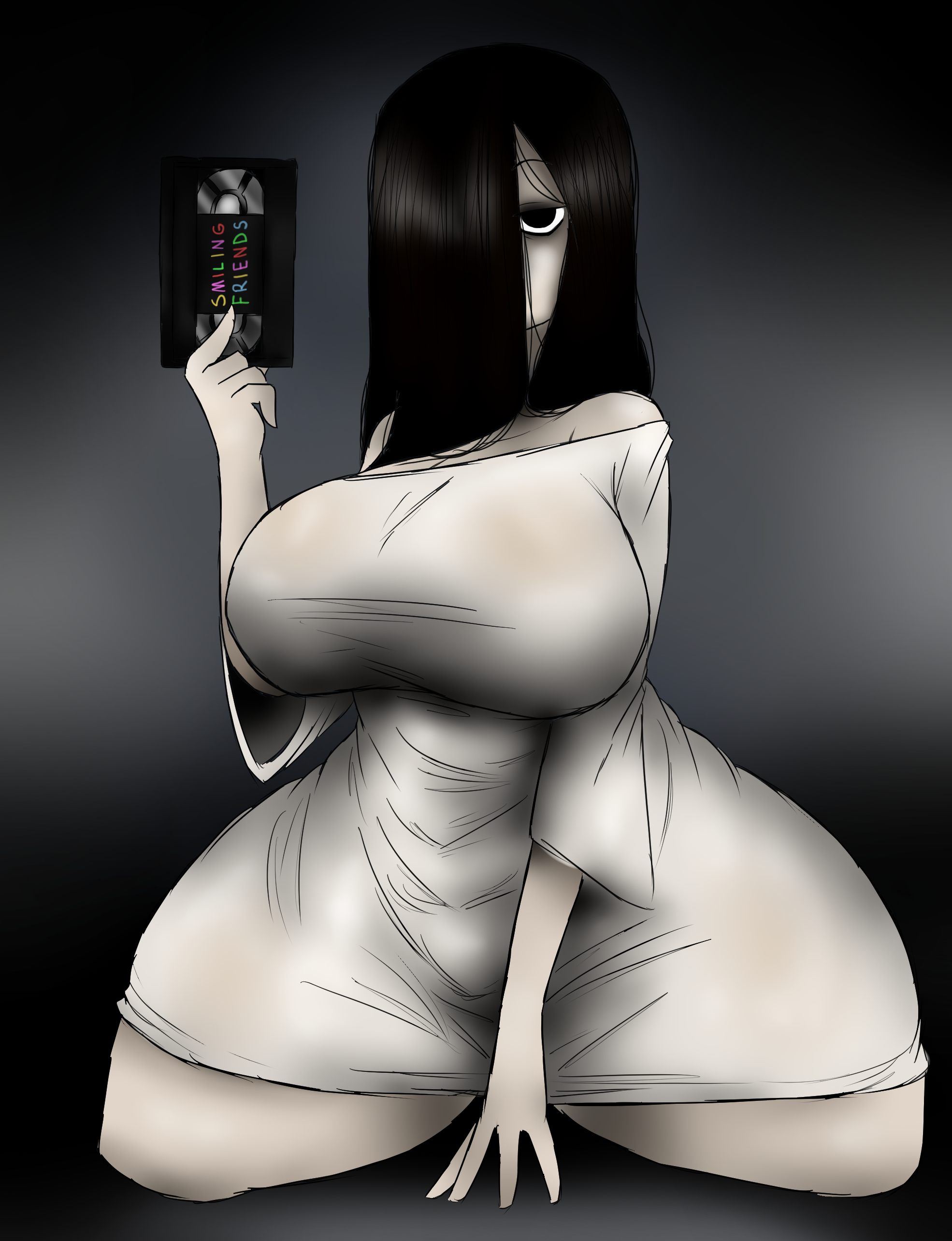 dress, ghost girl, korbaen, large breasts, looking at viewer, on knees, pale skin, ringu, smiling friends, yamamura sadako