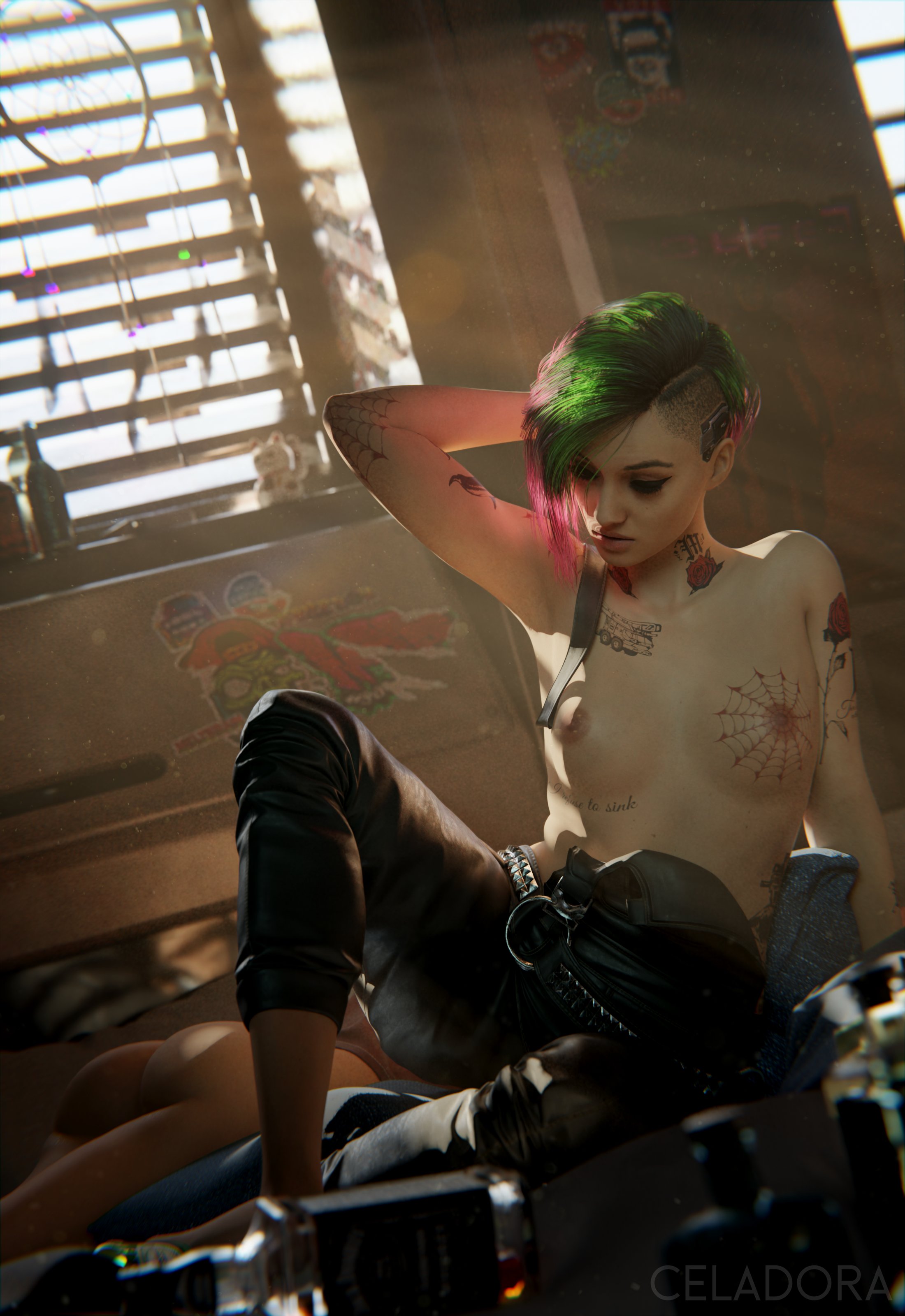 1girls, 3d, areolae, artist name, breasts, celadora, cyberpunk 2077, dyed hair, female, female focus, green hair, judy alvarez, latina, latina female, light skin, light-skinned female, nipples, pink hair, tattoo, tattoo on arm, tattoo on breast, tattooed arm, tattoos, topless, topless female, two-tone hair