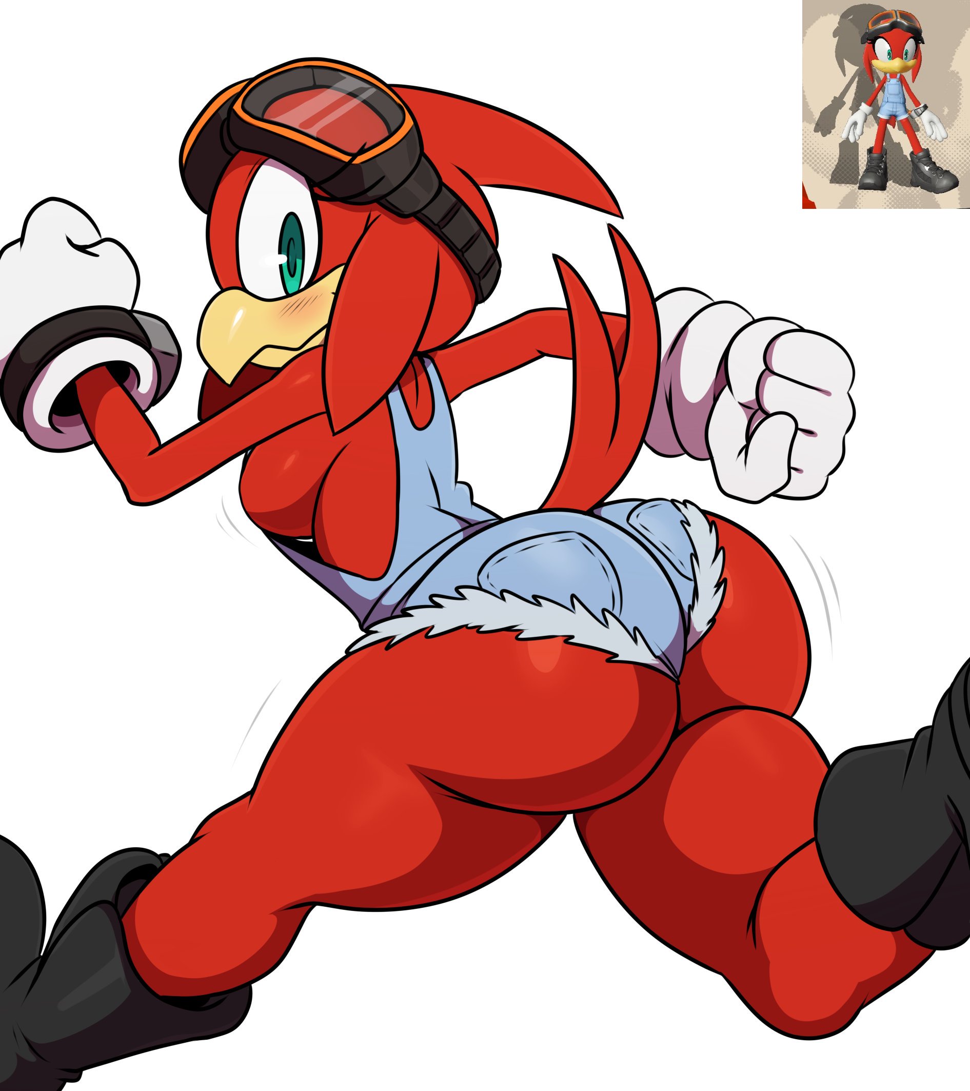ass, avian, big breasts, bird, blush, boots, breasts, clothed, clothing, custom character (sonic forces), fan character, female, female only, gloves, goggles, goggles on head, large ass, large breasts, looking at viewer, overalls, rear view, red body, rosa (sssonic2), running, simple background, sonic (series), sonic forces, sssonic2, thick thighs, thighs, white background, wide hips