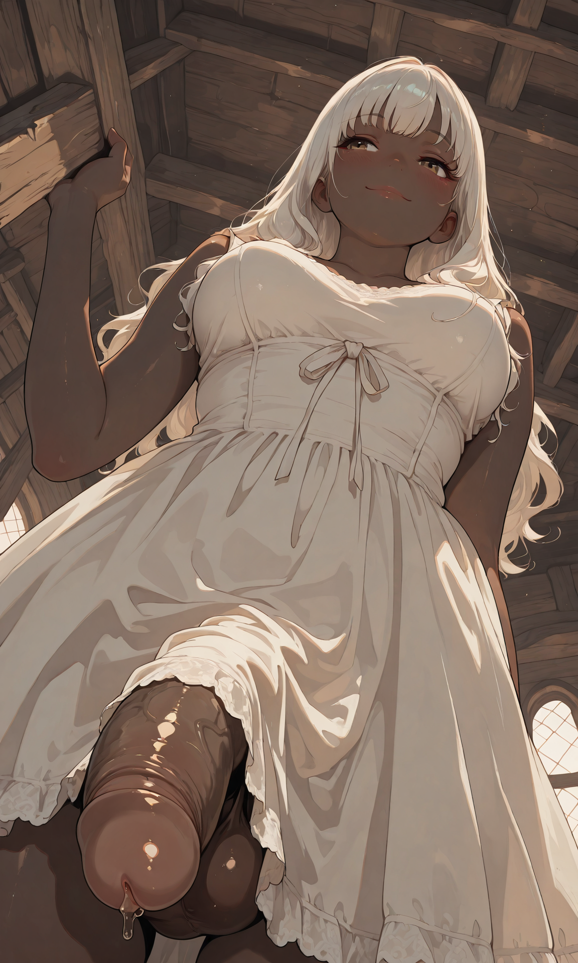 1futa, action girl (jamesbron), ai generated, balls, big penis, blush, breasts, dark skin, dark-skinned futa, dickgirl, dress, female, flaccid, from below, futa only, futanari, hazel eyes, intersex, jamesbron, large penis, long hair, looking away, low-angle view, medium breasts, no panties, penis, penis focus, precum, precum drip, smile, solo, solo futa, standing, sundress, taker pov, thighs, white dress, white hair, wide hips