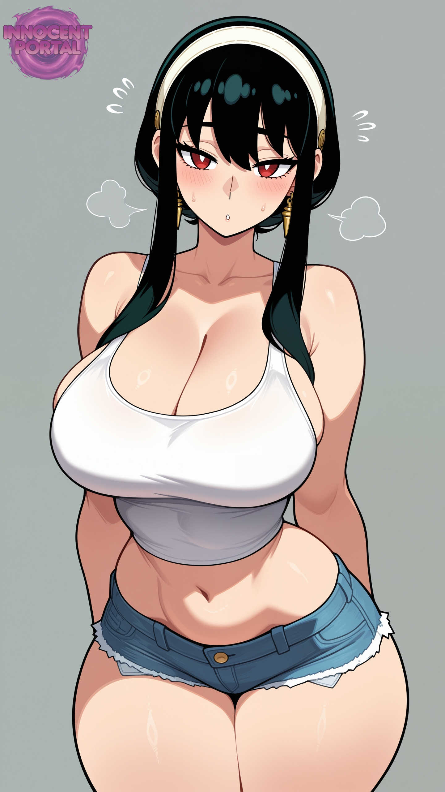 ai generated, big breasts, blush, blush lines, breasts, busty, busty female, cleavage, denim shorts, earrings, fanart, female, female focus, female only, hips, jorgecarlosai, long hair, midriff, milf, mommy, mommy kink, mommy milkers, navel, sexy, short shorts, sideboob, spy x family, sweat, sweatdrop, sweating, tank top, thighs, watermark, yor briar, yor forger