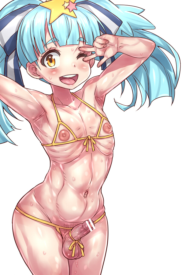 1futa armpits arms_up bar_censor bare_arms bare_shoulders bikini blue_hair bow censored cowboy_shot deep_armpits erection eyebrows_visible_through_hair futa_only futanari hair_ornament hairbow heart hoihoi hoihoi_(hoihoi1116) hoshikawa_lily looking_at_viewer navel nipples nude one_eye_closed open_mouth penis penis_bow ribs simple_background solo spoilers star star_hair_ornament stomach sweat swimsuit testicles ugly v_over_eye zombie_land_saga