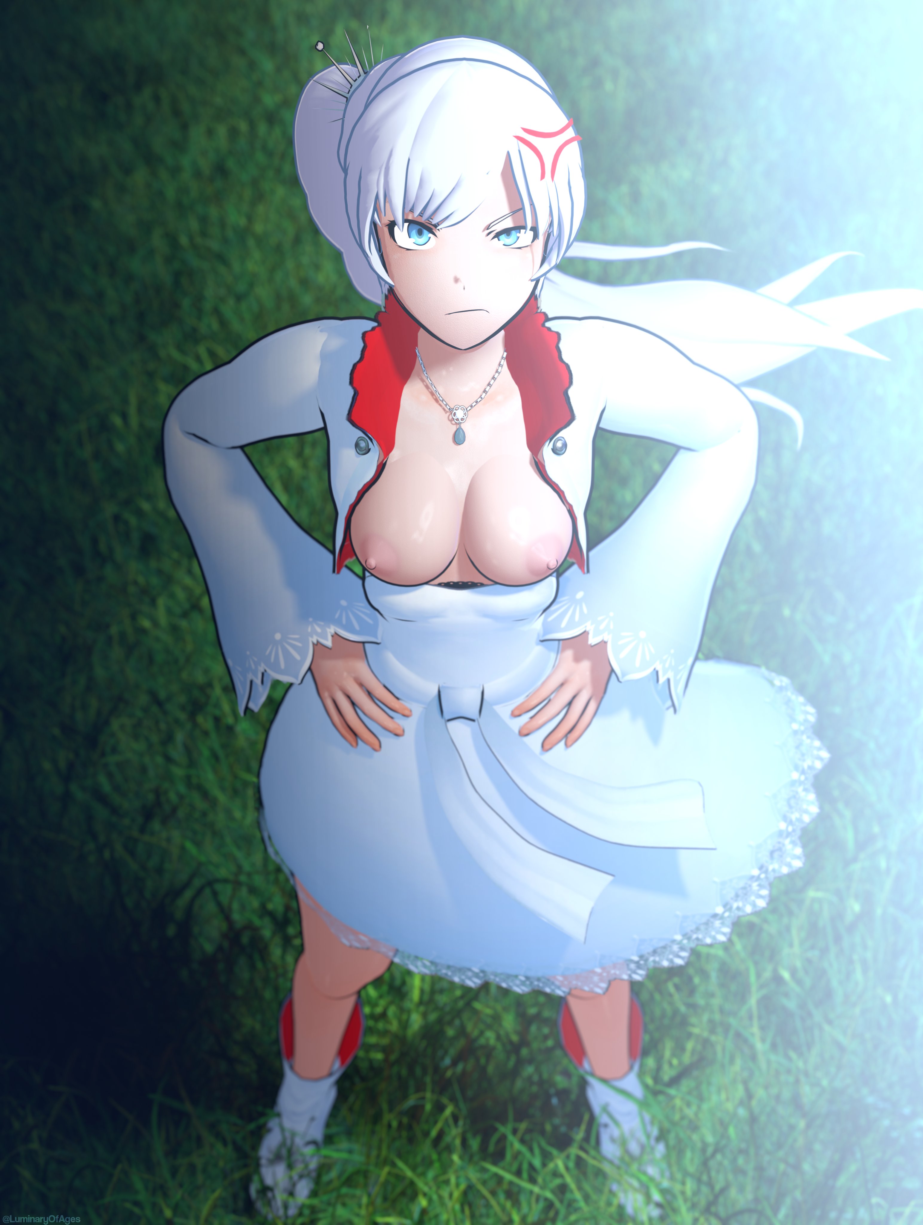 1girls, 3d, 3d (artwork), anger vein, boots, breasts, female, female only, high heel boots, high heels, light skin, light-skinned female, luminaryofages, nipples, rwby, solo, weiss schnee, white hair