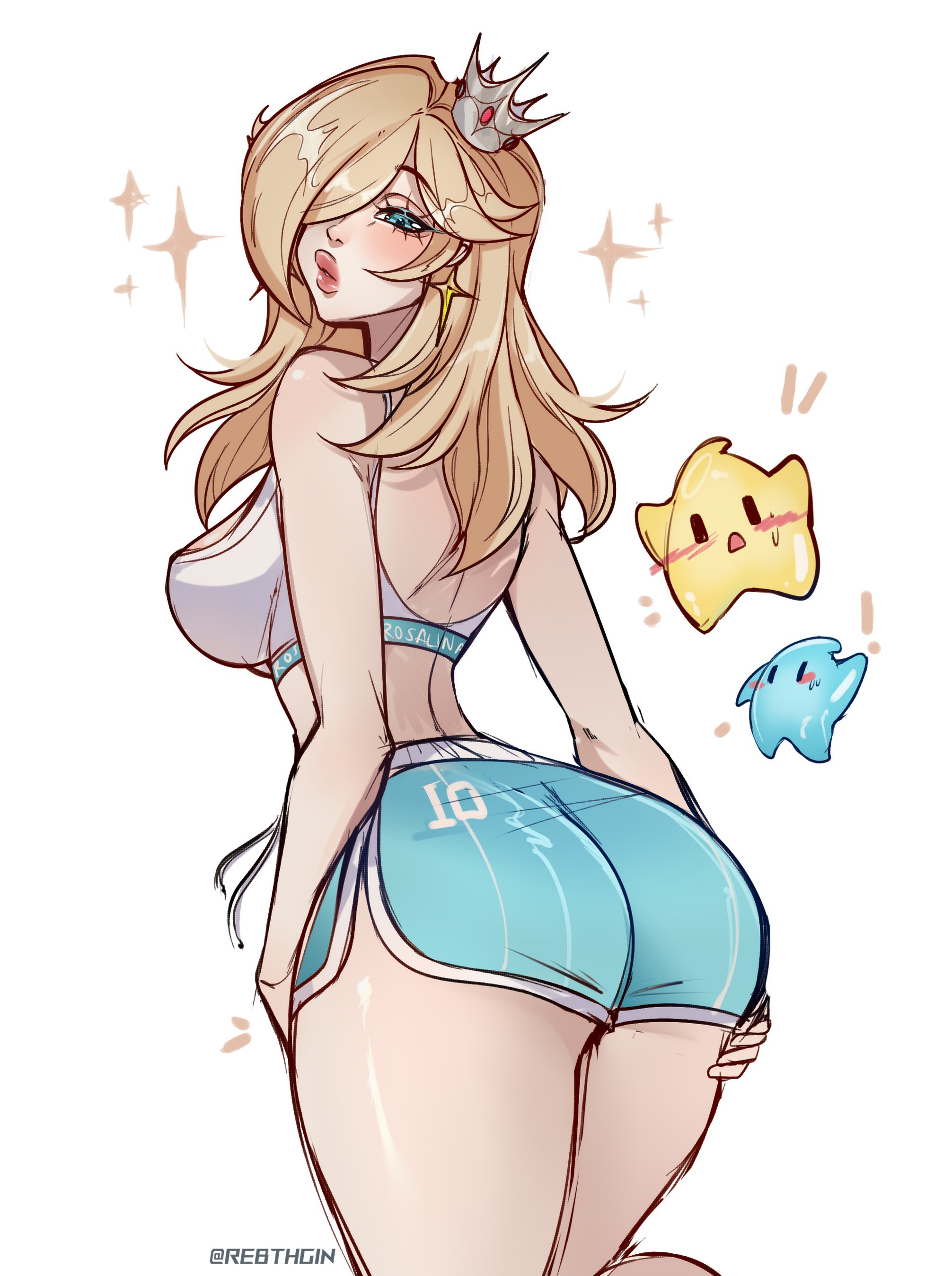 1girls, breasts, female, female only, hair over one eye, large breasts, light skin, light-skinned female, looking at viewer, mario (series), midriff, princess rosalina, rebthgin, thick thighs, thighs, white background, wide hips