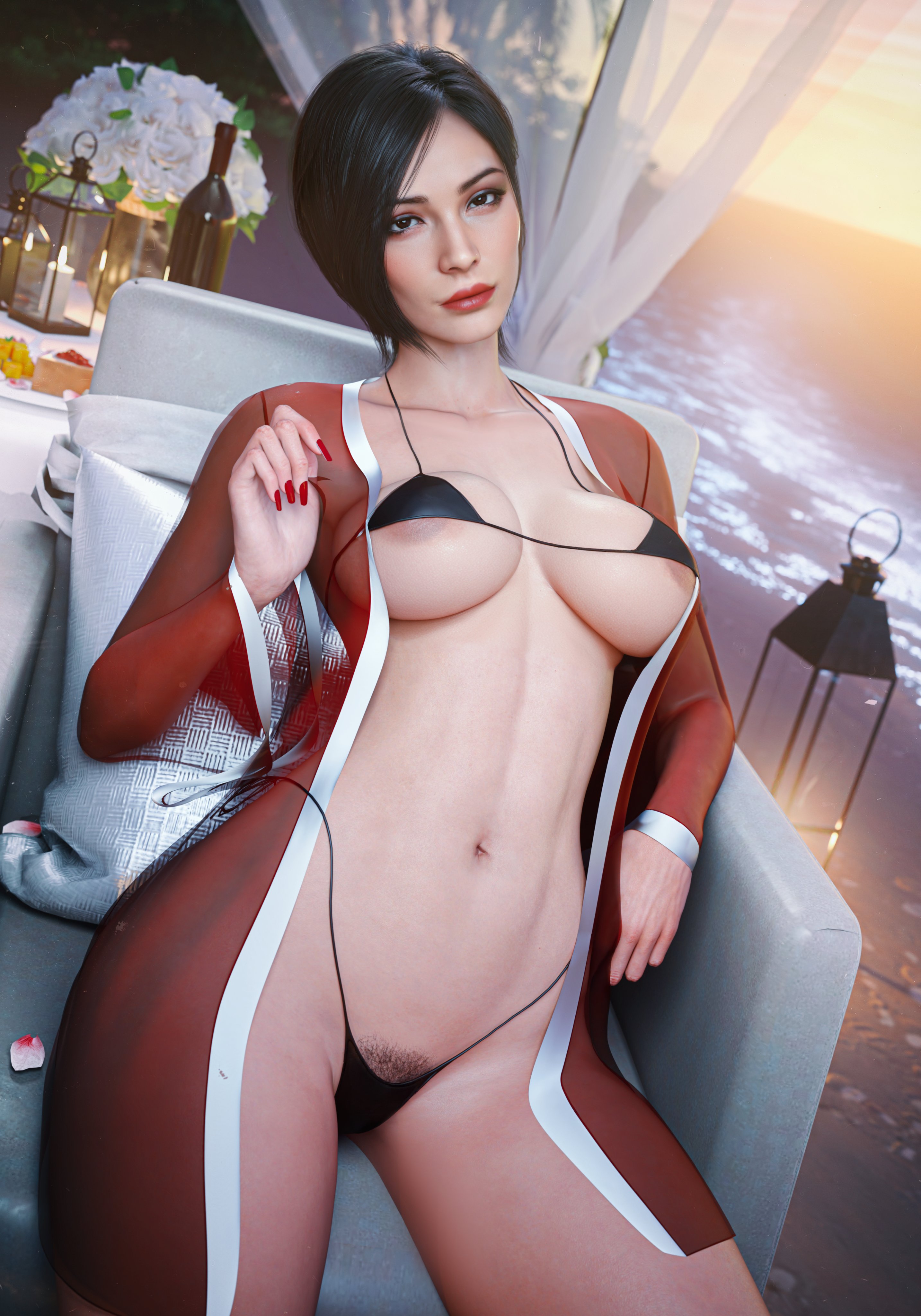 1girls, 3d, 3d (artwork), ada wong, bangs, bikini, black hair, blue sky, blurry, blurry background, breasts, breasts apart, capcom, collarbone, contrapposto, day, eyewear on head, female, female only, female torso, fingernails, large breasts, lips, lipstick, long fingernails, looking at viewer, makeup, nail polish, navel, noahgraphicz, nose, outdoors, parted lips, pink nails, realistic, red bikini, red nails, resident evil, resident evil 2, resident evil 4, short hair, sky, solo, standing, sunglasses, swimsuit, tagme, underboob
