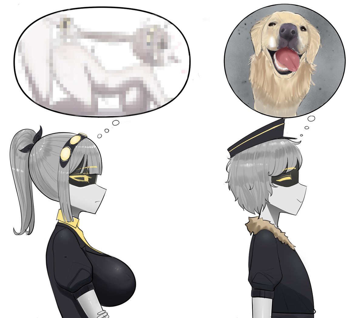 1boy, 1girls, big breasts, dog, doggy style, first1.01, golden retriever, grey hair, intercourse, j (murder drones), male/female, murder drones, n (murder drones), penetration, sex, straight, straight sex, thinking about sex, thought bubble, white background, yellow eyes