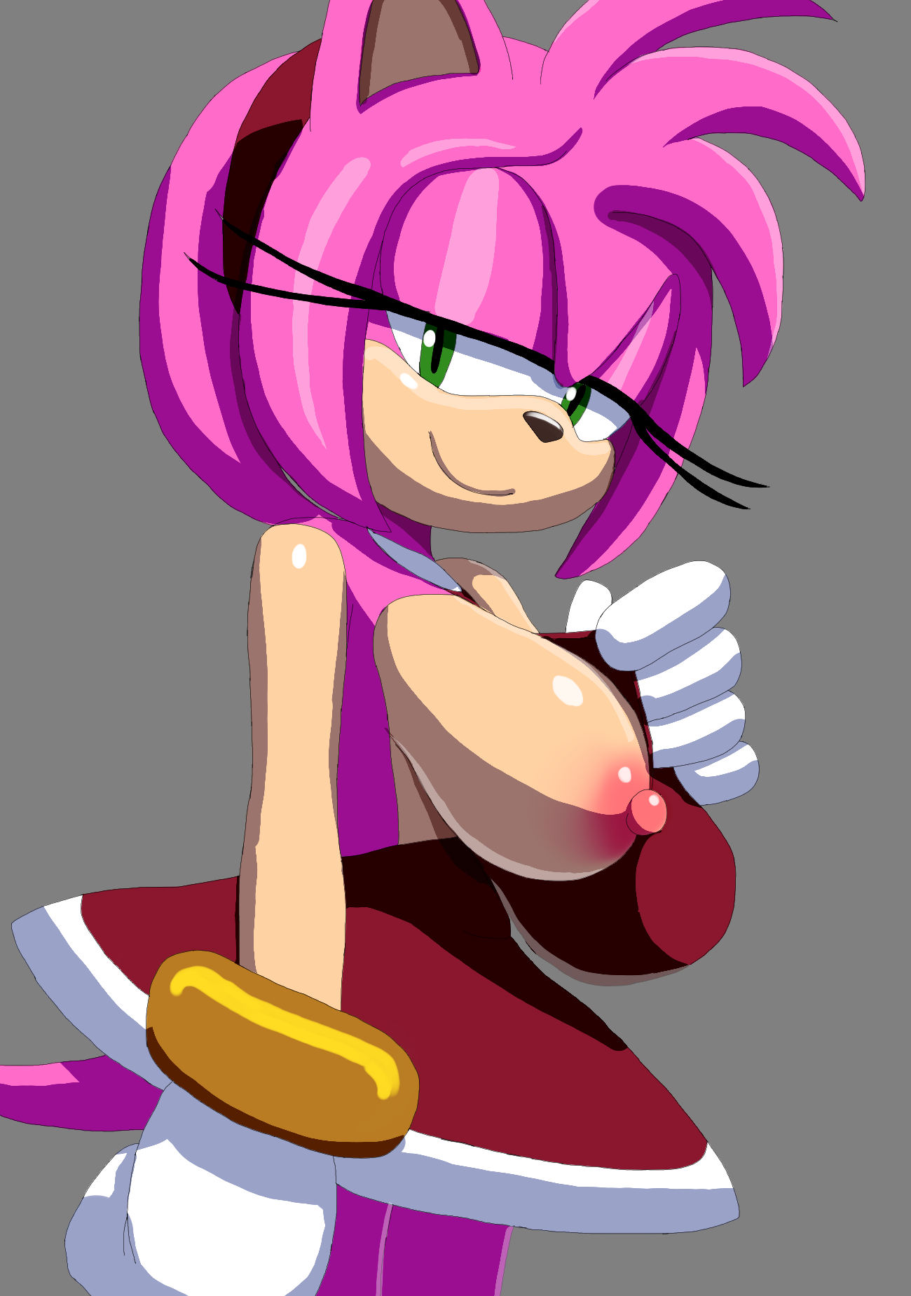 1girls, aerosin, amy rose, animal ears, bare shoulders, big breasts, breasts, breasts outside, cat ears, female, female only, furry, gloves, green eyes, grey background, large breasts, looking at viewer, nipples, one breast out, pink hair, sega, shiny, short hair, simple background, sleeveless, smile, solo, sonic (series), sonic the hedgehog (series), tagme, white gloves