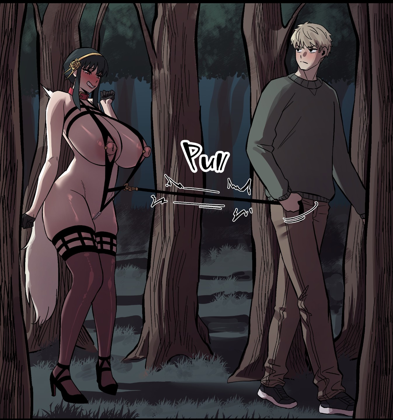 1boy, 1girls, akai melon, bitch taken for walk, black hair, blonde hair, blush, busty, buttplug tail, curvy, curvy figure, embarrassed, exhibitionism, hi res, high heels, huge breasts, husband and wife, impossible swimsuit, large ass, leash, light-skinned female, light-skinned male, loid forger, long hair, nature, naughty face, nighttime, outdoors, public nudity, short hair, sling bikini, slingshot swimsuit, spy x family, tail plug, thick ass, tree, twilight (spy x family), voluptuous, voluptuous female, walking the dog, yor briar, yor forger