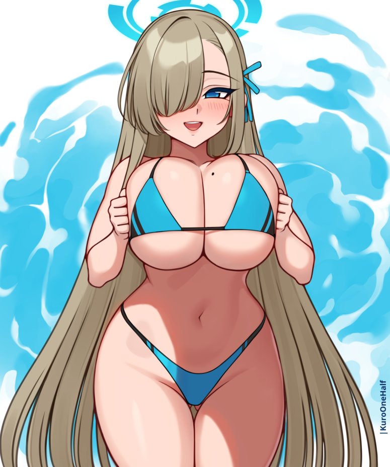 1girls, asuna (blue archive), bikini, blue archive, breasts, cleaning & clearing (blue archive), female, female only, kuroonehalf, large breasts, light skin, light-skinned female, looking at viewer, millennium science school student, pressing breasts together, solo, swimsuit, thick thighs, thighs, wide hips