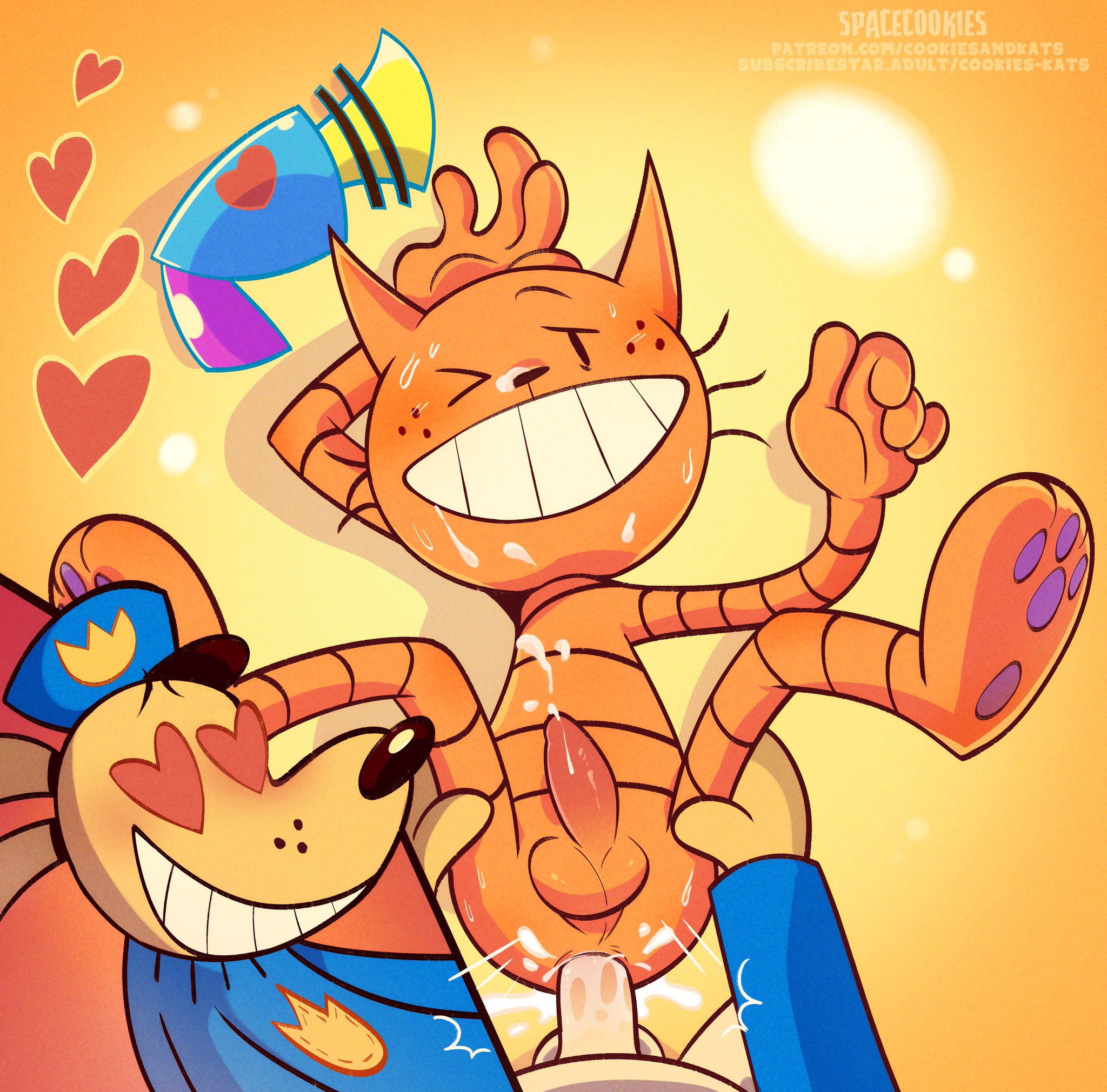 artist name, canine, captain underpants (series), cartoony, clowndevil, cum, cum in ass, cum on face, dav pilkey, dog man (character), dog man (film), dog man (series), dreamworks, dreamworks animation, ejaculation, feline, gay, heart eyes, orange fur, pawpads, petey the cat, simple background, smile, toony, universal pictures, universal studios, yaoi