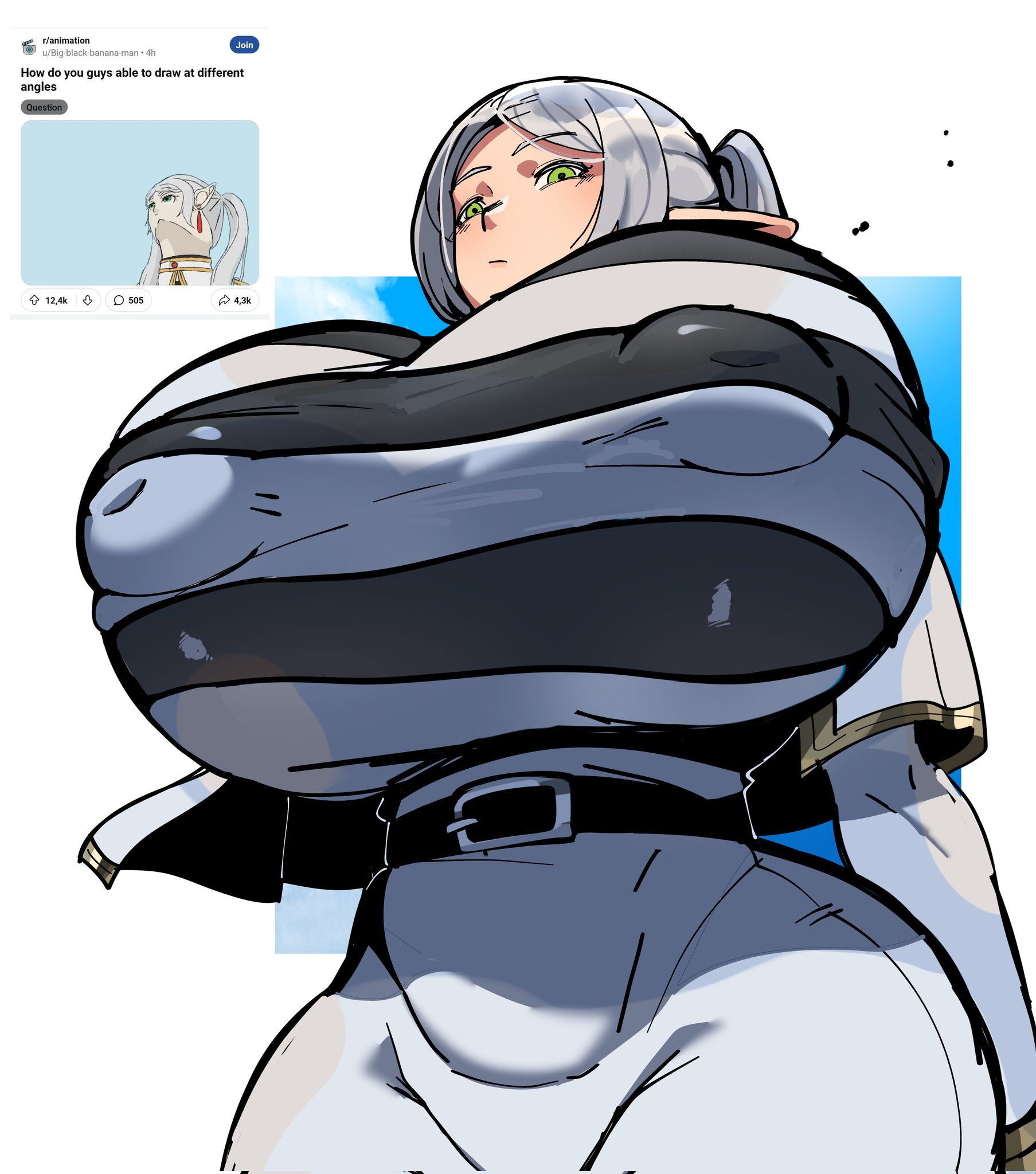 1girls, big breasts, breasts, child bearing hips, curvy, curvy figure, elf, enormous breasts, female, female only, frieren, frieren beyond journey's end, giant breasts, gigantic breasts, hourglass figure, hyper breasts, large breasts, low-angle view, massive breasts, meme, nipples visible through clothing, redraw, reference image, shinhyunxi, thick thighs, thighs, thunder thighs, upward angle frieren drawing (meme), venus body, voluptuous, voluptuous female, wide hips