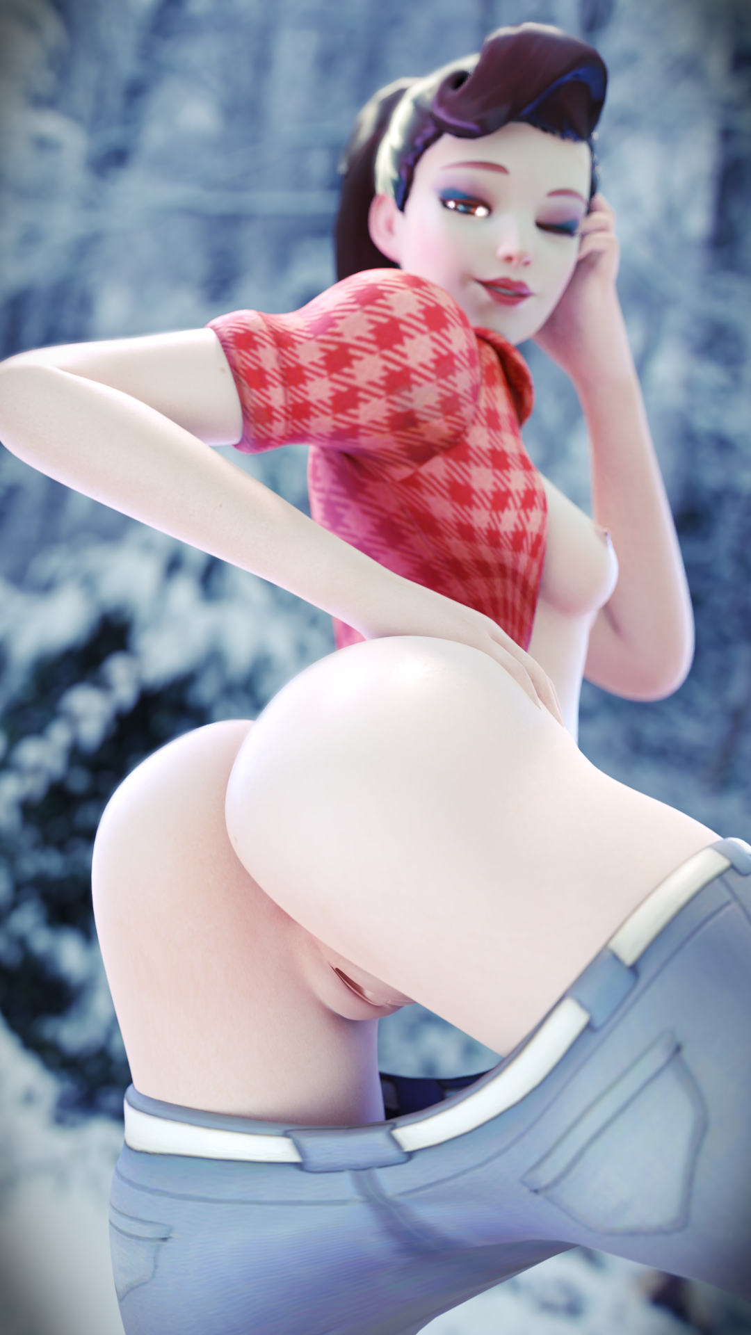1girls, 3d, alternate costume, ass, blender, blizzard entertainment, breasts, cruiser d.va, d.va, effectsmaster231, female, female only, over shoulder, over the shoulder, overwatch, pussy, sideboob, snow, solo, winter