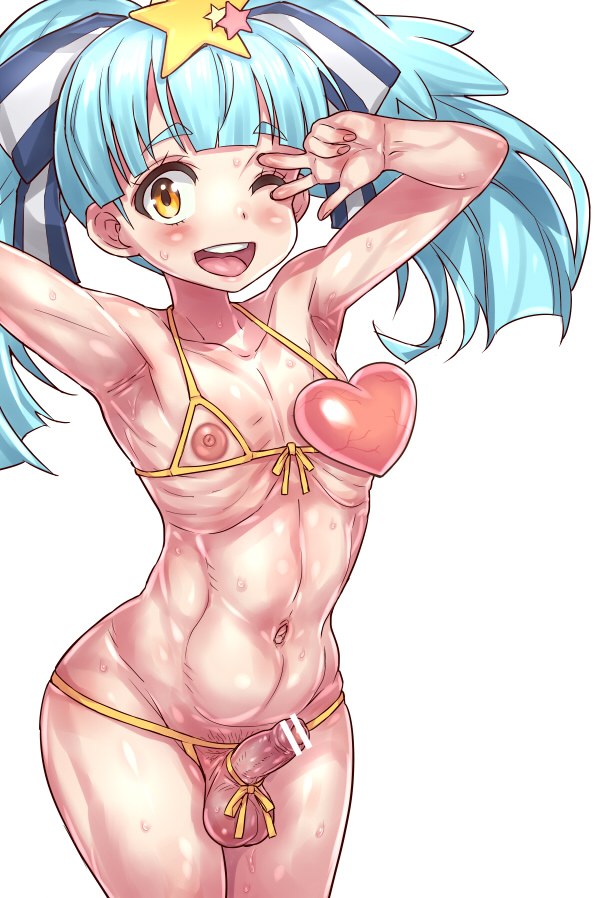 1futa armpits arms_up bar_censor bare_arms bare_shoulders bikini blue_hair bow censored cowboy_shot deep_armpits erection eyebrows_visible_through_hair futa_only futanari hair_ornament hairbow heart hoihoi hoihoi_(hoihoi1116) hoshikawa_lily looking_at_viewer navel nipples nude one_eye_closed open_mouth penis penis_bow ribs simple_background solo spoilers star star_hair_ornament stomach sweat swimsuit testicles ugly v_over_eye zombie_land_saga