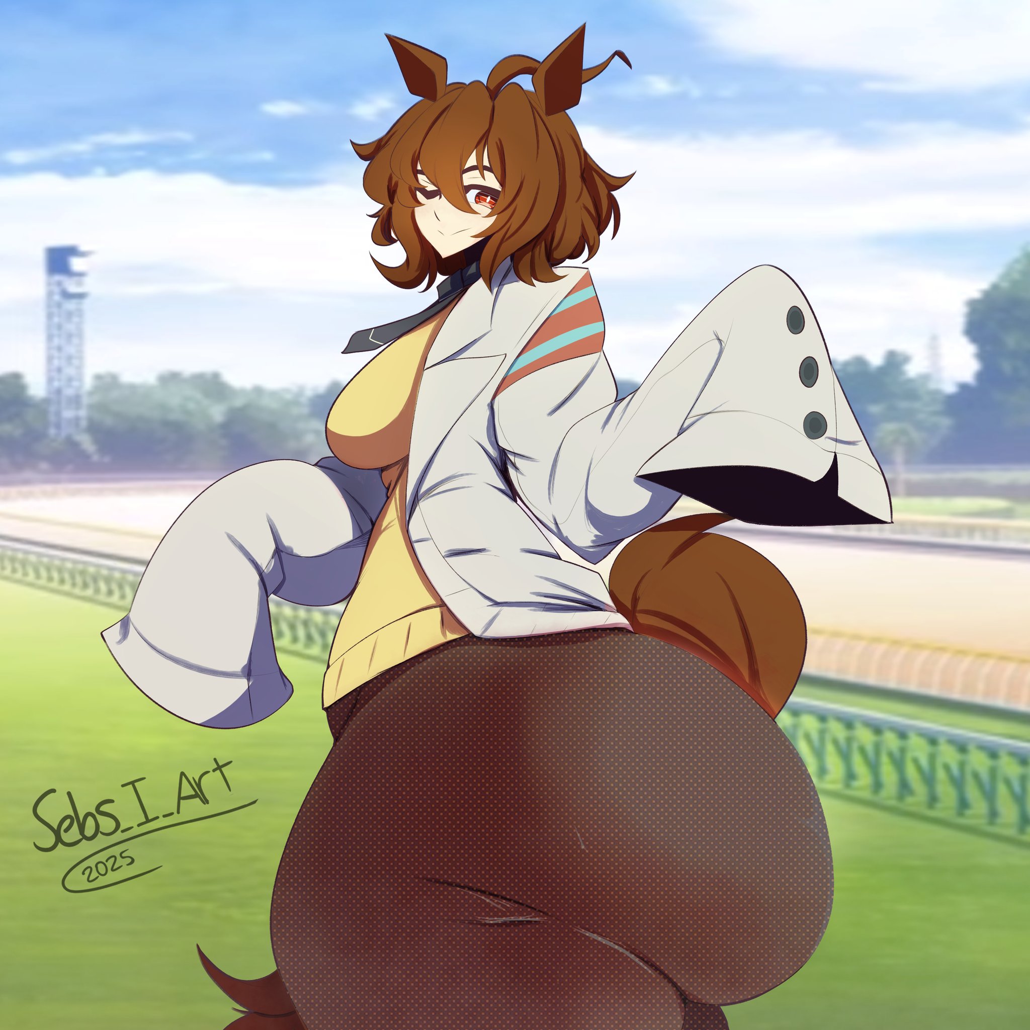 1girls, 2025, agnes tachyon (umamusume), ass, big ass, big thighs, bottomless, breasts, brown hair, bubble ass, bubble butt, clothed, clothing, dat ass, dumptruck ass, dumptruck butt, fat ass, fat butt, female, female only, gigantic ass, gigantic thighs, heart, horse, horse ears, horse girl, horse tail, huge ass, huge thighs, hyper, hyper ass, hyper thighs, looking at viewer, medium breasts, no panties, no pants, outdoors, red eyes, sebs i art, smile, solo, thick thighs, thighs, umamusume, umamusume pretty derby