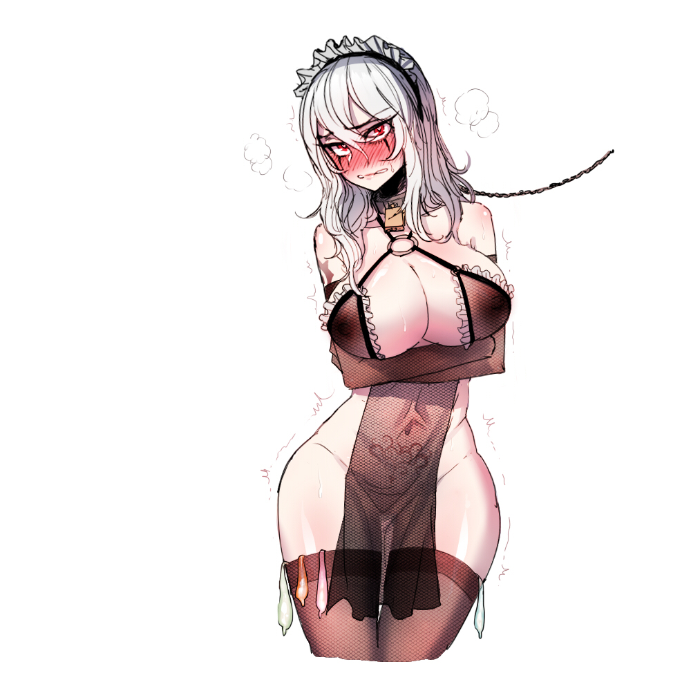 1girls, blizzard entertainment, blush, breasts, chains, collar, female, female only, fishnet gloves, fishnet thighhighs, fishnets, heart-shaped pupils, horde symbol, horde tattoo, human, human priest, large breasts, maid, maid headdress, nervous, priest (warcraft), ratatatat74, red eyes, sally whitemane, scarlet crusade, solo, tattoo, used condom, warcraft, white background, white hair, wide hips, world of warcraft