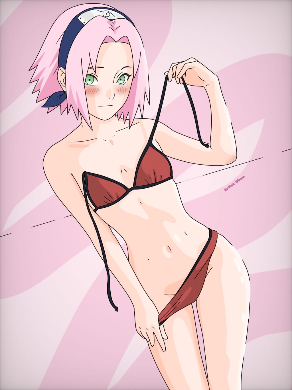 belly, bikini, cute, cute face, female, flushed, green eyes, looking at viewer, naruto (classic), naruto (series), pink hair, pretty face, pretty girl, provocative, sakura haruno, simple background, thighs, ubau