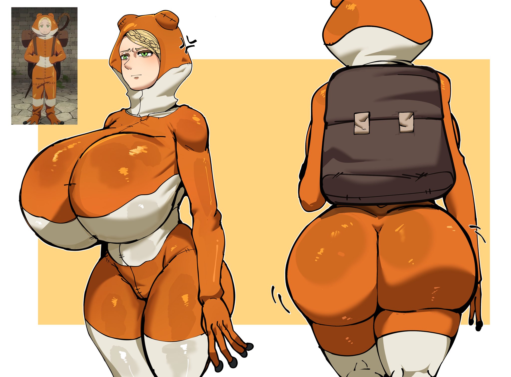 1girls, ass, big ass, big breasts, breasts, bubble butt, costume, curvy, curvy figure, dat ass, dumptruck ass, dungeon meshi, enormous ass, enormous breasts, fat ass, female, female only, frog costume, giant ass, giant breasts, gigantic ass, gigantic breasts, hourglass figure, huge ass, huge breasts, hyper breasts, large breasts, marcille donato, massive breasts, monster costume, shinhyunxi, thick, thick ass, venus body, voluptuous, voluptuous female