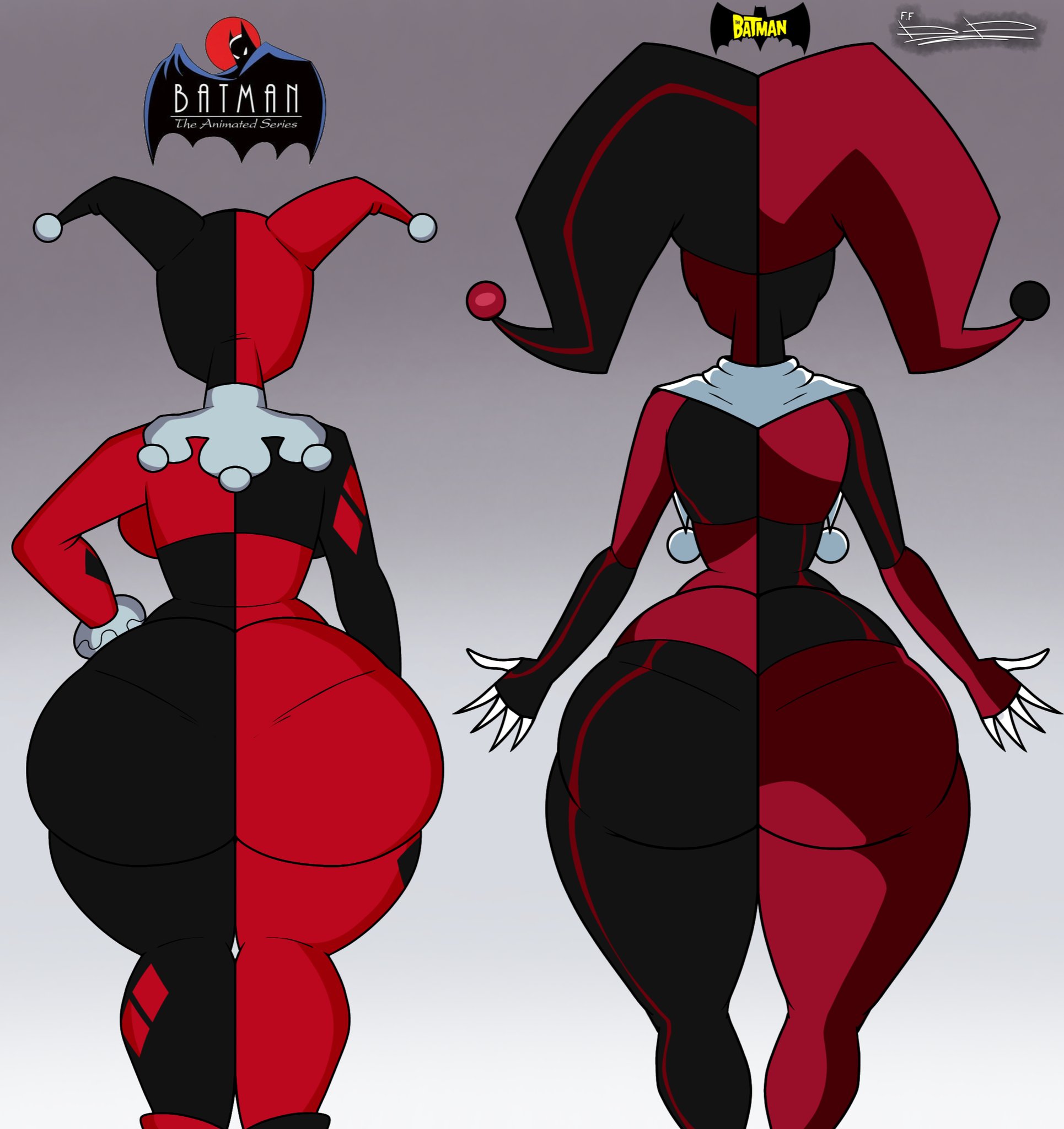 2d, 2girls, ass, ass focus, batman (series), batman: the animated series, big ass, bodysuit, crossover, dc comics, dcau, female, female only, from behind, harlequin, harley quinn, harley quinn (classic), harley quinn (dcau), harley quinn (the batman), hi res, huge ass, jester, jester cap, jester costume, lineup, multiple girls, multiple versions, multiversal counterpart grouping, sinner20033, square crossover, supervillain costume, supervillainess, supervillainess costume, tagme, the batman (tv series), thick thighs, two-tone bodysuit, two-tone hat, villainess