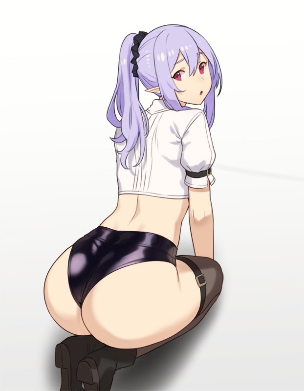 ass, elf, female, female only, houtengeki, looking at viewer, looking back, solo, thighhighs