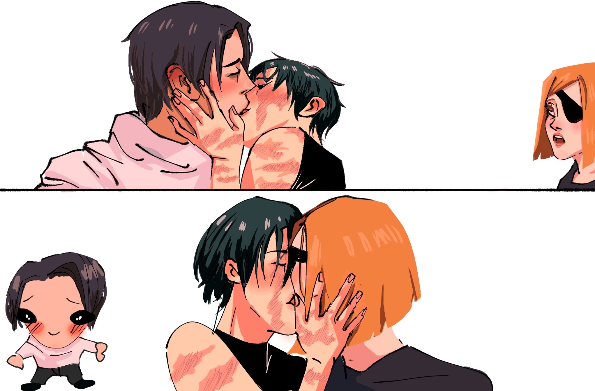 1boy, 2girls, bisexual, black hair, blush, female, green hair, horn, jujutsu kaisen, kissing, kugisaki nobara, male, multiple girls, orange hair, polyamory, scars, short hair, yuri, yuta okkotsu, zenin maki