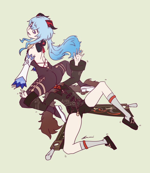 2girls, ass, blue hair, braided hair, brown hair, facesitting, ganyu (genshin impact), genshin impact, hu tao (genshin impact), looking back, lying, sitting, sitting on face, sitting on person, yuri