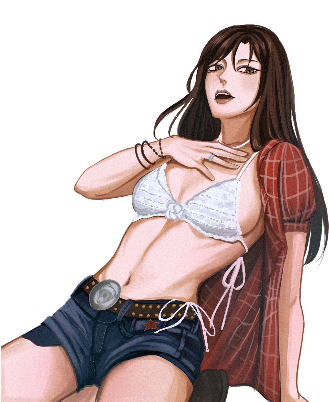 asian, asian female, belly, belly button, big breasts, bikini, bikini top, breasts, brown eyes, brown hair, female torso, japanese, japanese female, jean shorts, jujutsu kaisen, kwon eun-bi, kwon eun-bi (cosplay), navel, pose, sexy, shoko ieiri, skinny, skinny female, stllrchld, waterbomb, white bikini, white bikini top