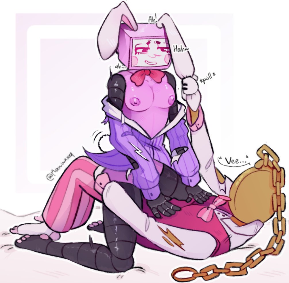 bowtie, bunny ears, chains, clothed male nude female, clothed sex, dandy's world, dandys world, dyle (dandy's world), easter dyle, holding legs, looking at another, looking at partner, looking pleasured, manwxxq, medium breasts, riding, riding penis, semi nude, shirt down, shirt only, staring at another, talking to another, talking to partner, tugging ear, vee (dandy's world), vee-ster bunny vee, veester bunny (dandys world), waist grab