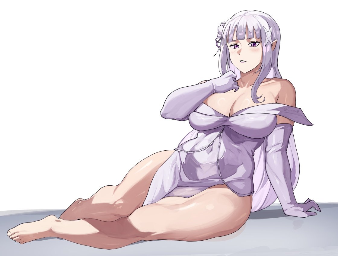  e v o n 0, 1girls, bare legs, cleavage, elf, elf ears, elf female, emilia (re:zero), exposed shoulders, feet, hips, large breasts, looking at viewer, purple eyes, re:zero kara hajimeru isekai seikatsu, silver hair, sitting, solo, thick thighs, wedding dress, white background
