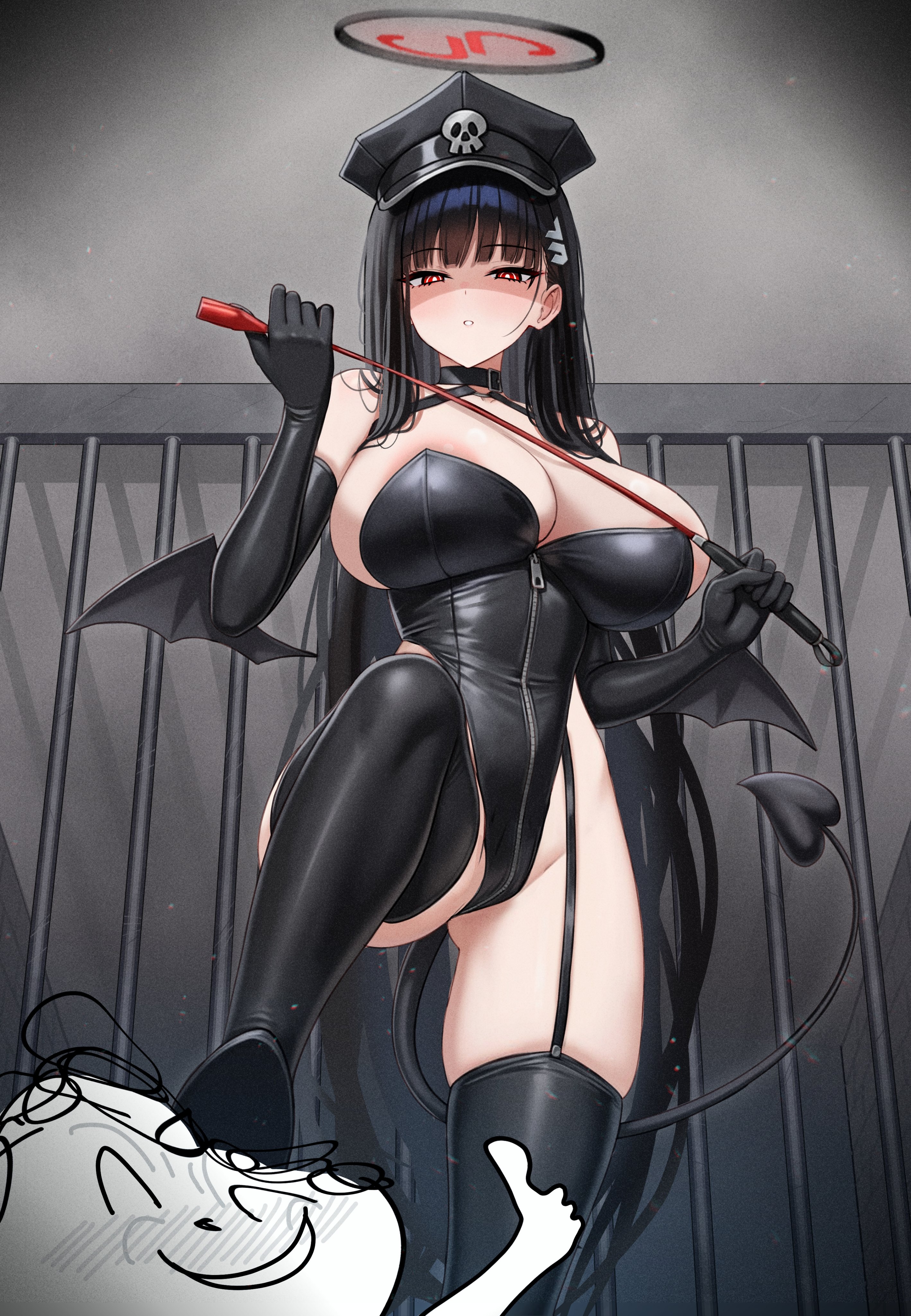 1boy, 1boy1girl, 1girls, big breasts, black hair, blue archive, boot fetish, boots, breasts, choker, devil tail, dominant, dominant female, domination, female, female dominating male, female domination, female focus, femdom, garter straps, hat, hi res, highres, huge breasts, latex, latex clothing, latex gloves, latex legwear, latex thighhighs, long hair, male, massive breasts, mizikayo, red eyes, rio (blue archive), sensei (blue archive), stepped on, stepping on head, tagme, tail, thighhighs, thighs, wings, zipper
