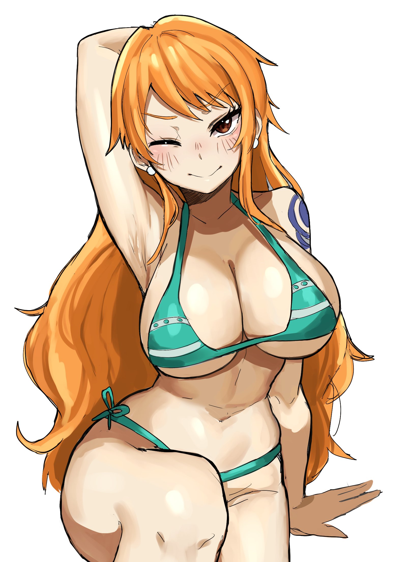 1girls, arm behind head, arm support, arm tattoo, arm up, armpits, bare shoulders, bikini, blue tattoo, blush, breasts, brown eyes, cleavage, collarbone, earrings, female, female only, green bikini, highres, jewelry, large breasts, legs together, leiden yaegore, long hair, looking at viewer, nami (one piece), navel, one eye closed, one piece, orange hair, orange-haired female, presenting armpit, shoulder tattoo, side-tie bikini bottom, simple background, sitting, smile, solo, stomach, swimsuit, tattoo, thighs, undersized breast cup, white background