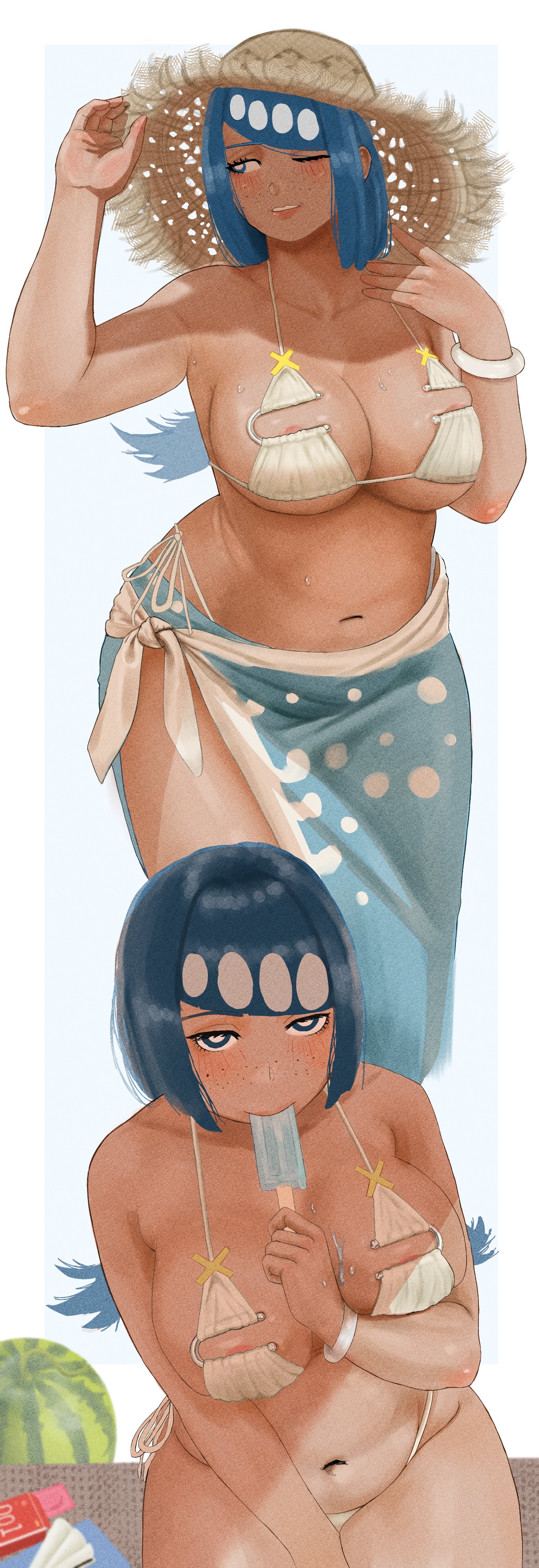1girls, ahsern19552, areola slip, areolae, armwear, big breasts, bikini, bikini bottom, bikini top, blue eyes, blue hair, bottomwear, bracelet, breasts, cleavage, condom, female, female only, florida bikini, freckles, freckles on face, game freak, hair, hat, headwear, holding object, lana's mother (pokemon), mature, mature female, mature woman, milf, mother, one eye closed, pokemon, pokemon sm, popsicle, popsicle in mouth, sarong, sensual, sexually suggestive, sexy, solo, solo female, sun hat, swimwear, topwear, watermelon, white bikini