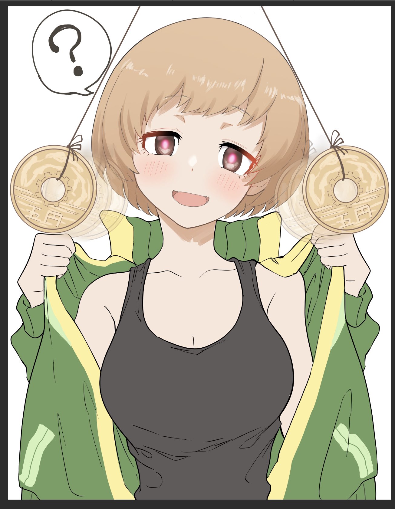 1girls, atlus, blush, female, human, hypnosis, jacket, kurosususu, megami tensei, mind control, outerwear, persona, persona 4, satonaka chie, short hair, spoken question mark, sportswear, tank top, tomboy, topwear, track jacket, undressing