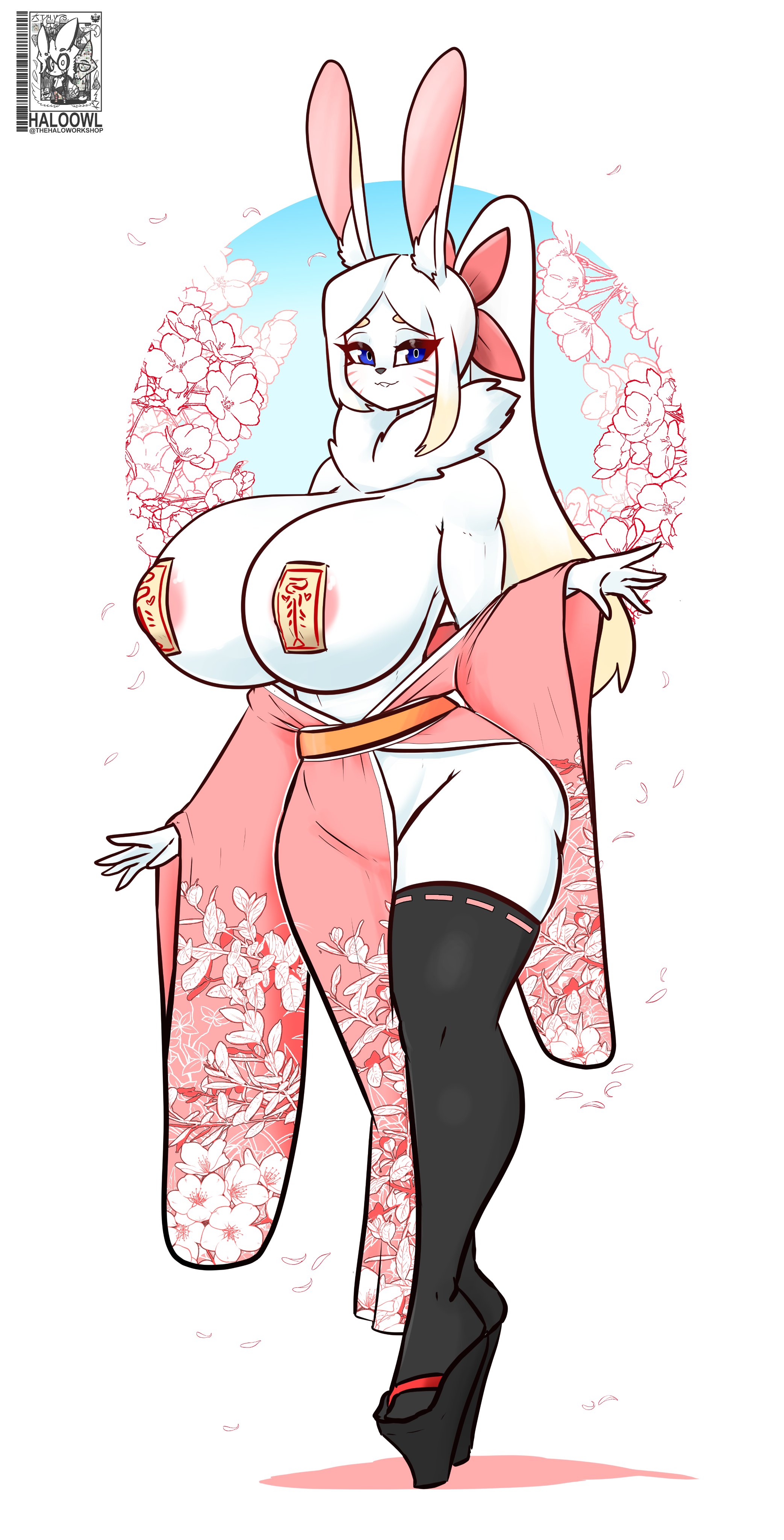 1girls, anthro, areola slip, areolae, blue eyes, breasts, breasts bigger than head, breasts out, bunny, bunny ears, bunny girl, female, furry, geta, haloowl, hourglass figure, huge breasts, kimono, kimono open, kimono partially removed, lagomorph, lagomorph humanoid, large breasts, nipple pasties, ofuda, ofuda on nipples, pasties, pinup, rabbit, rabbit ears, rabbit girl, thighhighs, thin waist, white hair, wide hips