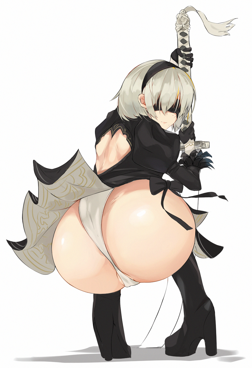 ass, cameltoe, female, kimoshi, leotard, nier, nier: automata, pussy, pussy lips, skirt, tagme, thick thighs, thighhighs, thighs, yorha 2b