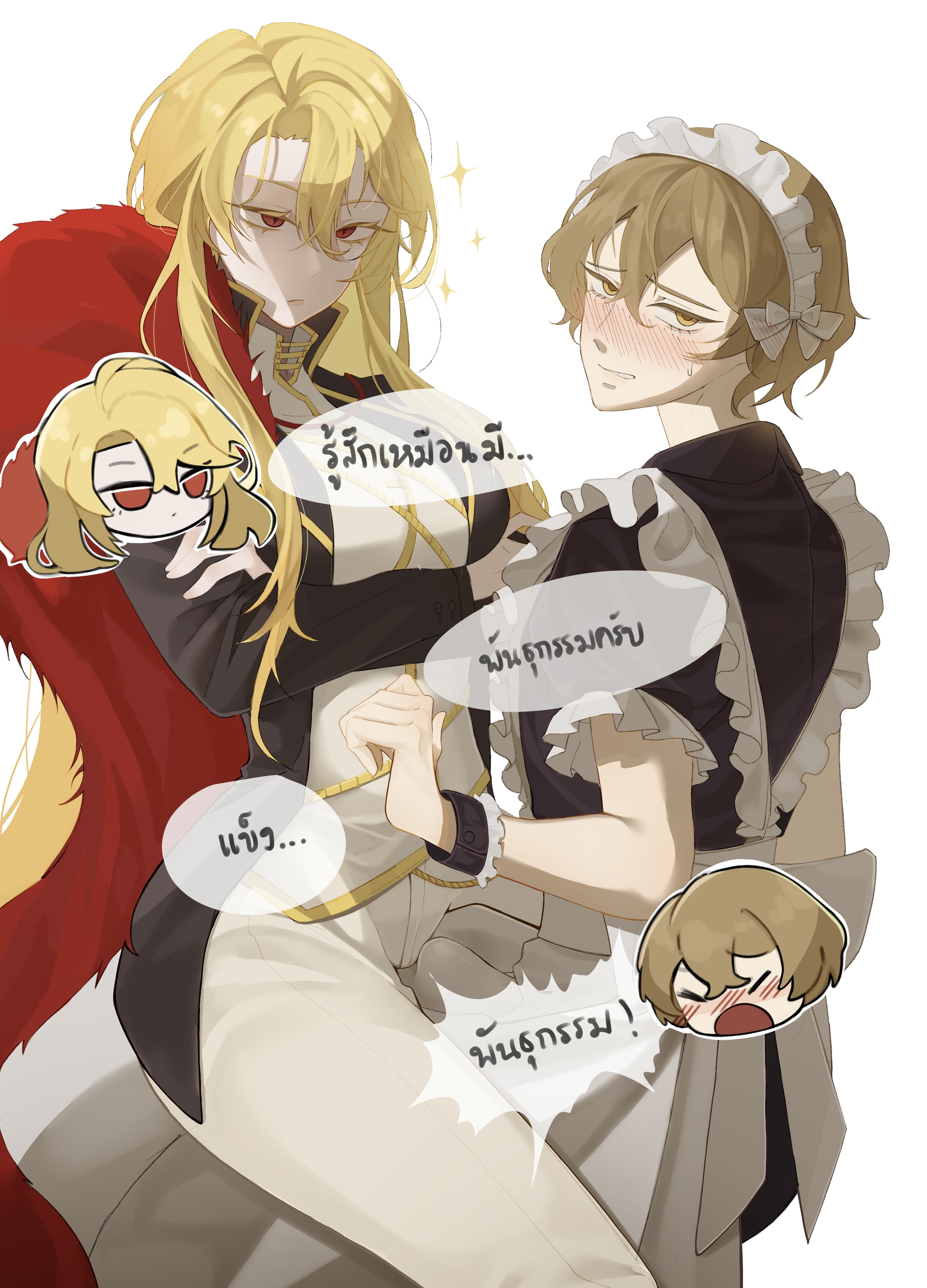 1boy, 1girls, apron, black coat, blonde hair, breasts, coat, crossdressing, crossdressing male, don quixote (limbus company), dress, female, frills, jacket, lilsumashhh, limbus company, long hair, looking at viewer, maid, maid apron, maid headdress, parted bangs, penis, project moon, red eyes, sancho (limbus company), shirt, short hair, simple background, sinclair (limbus company), star (symbol), text, text bubble, visible penis, white apron, white background, white shirt