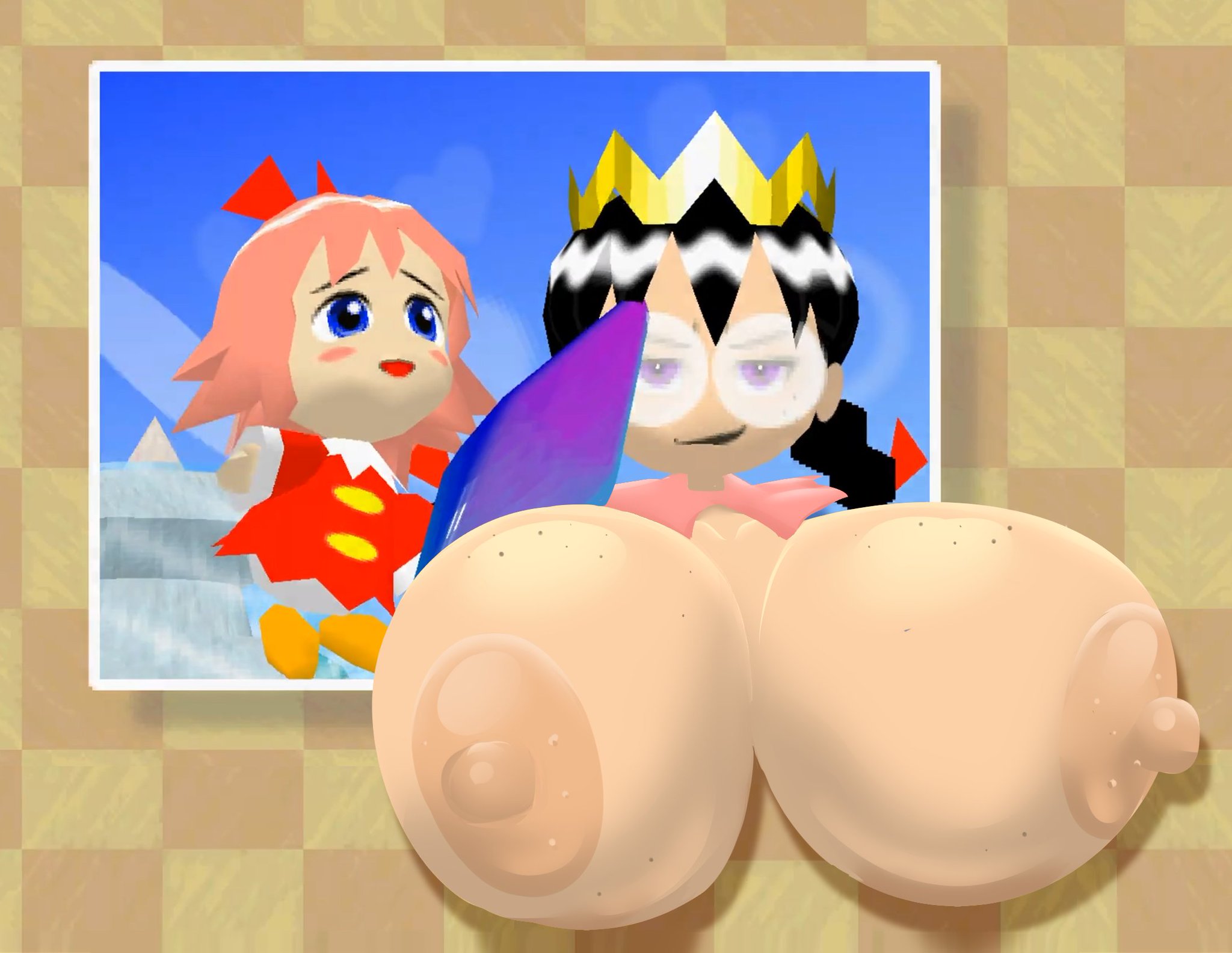 2026, 2girls, bad end, big breasts, black hair, breasts, breasts bigger than head, clothing, crown, crystal, evil grin, evil smile, exposed breasts, fairy, fairy queen, fairy wings, freckles, freckles on face, glasses, hal laboratory, huge breasts, hyper breasts, kirby (series), kirby 64: the crystal shards, long hair, looking at viewer, nintendo, pink hair, possessed, possession, purple eyes, queen, queen ripple, ribbon (kirby), round glasses, royalty, screenshot, screenshot edit, short hair, size difference, smaller female, smirking at viewer, taller female, tasteofchoklit, wings