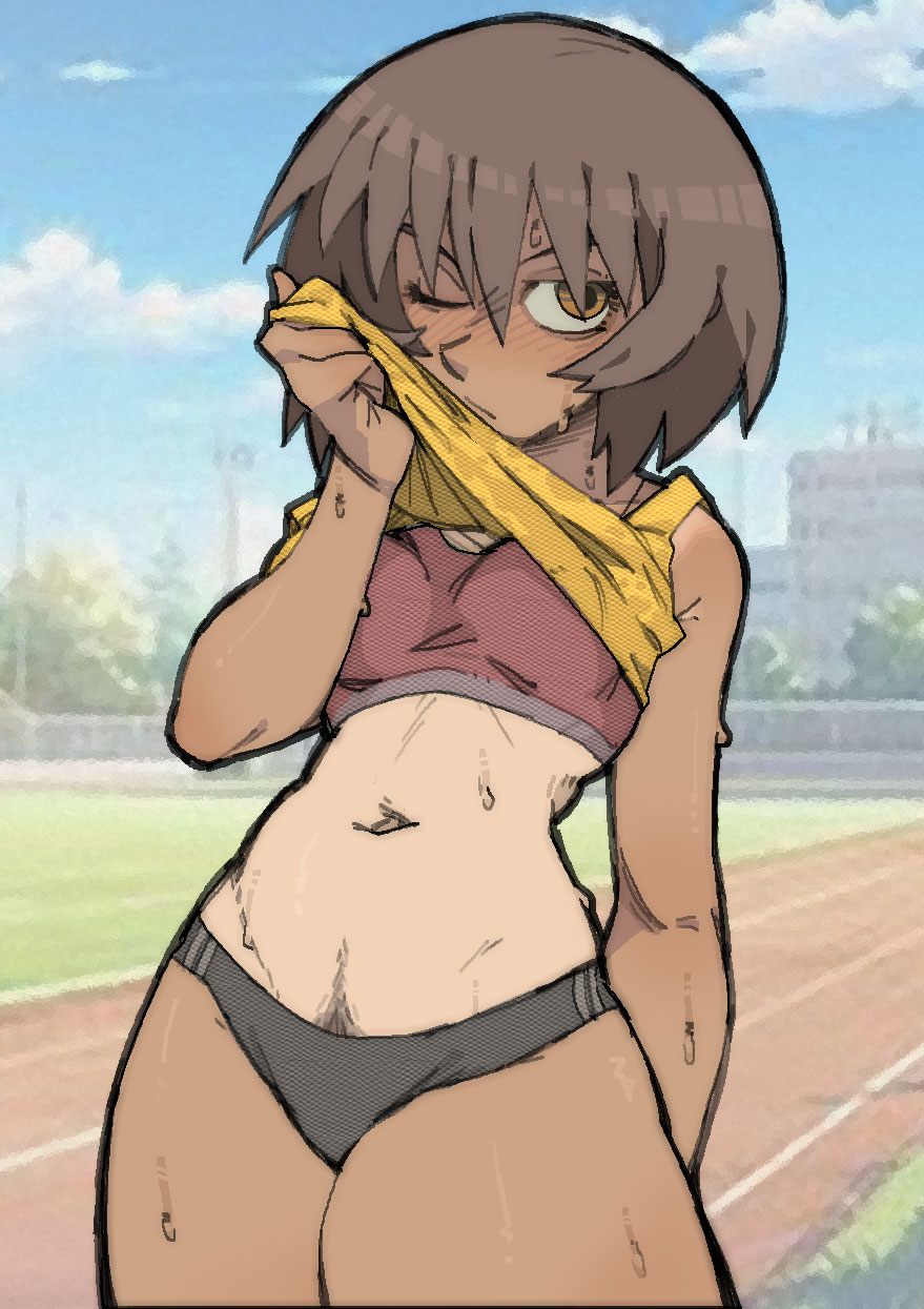 1female, 1girls, amlogamer, azumanga daiou, brown hair, clothed female, female, female only, happy trail, kagura (azumanga daiou), medium breasts, midriff, pantsu ripper, pubic hair, shirt lift, solo, sweat, sweating, tagme, tagme (artist), tanned, tanned female, wiping sweat