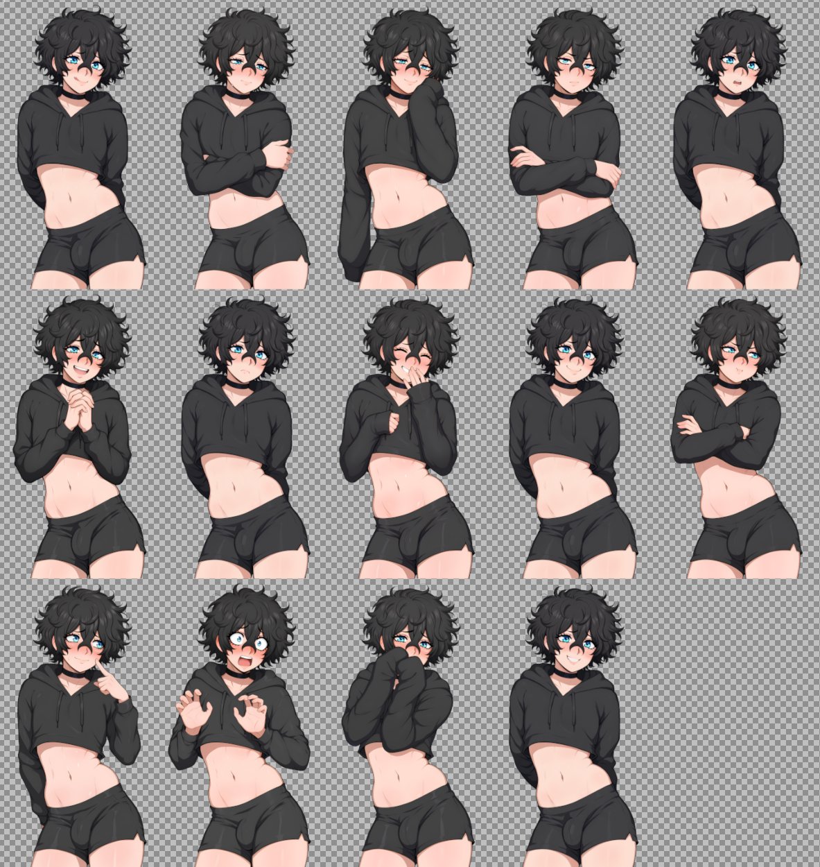 1boy, ai generated, black hair, black outfit, blue eyes, blushing, femboy, gay, gay male, my femboy roommate, my femboy roommate: special weekend, nuteku, robin (my femboy roommate), sexy body, sexy pose