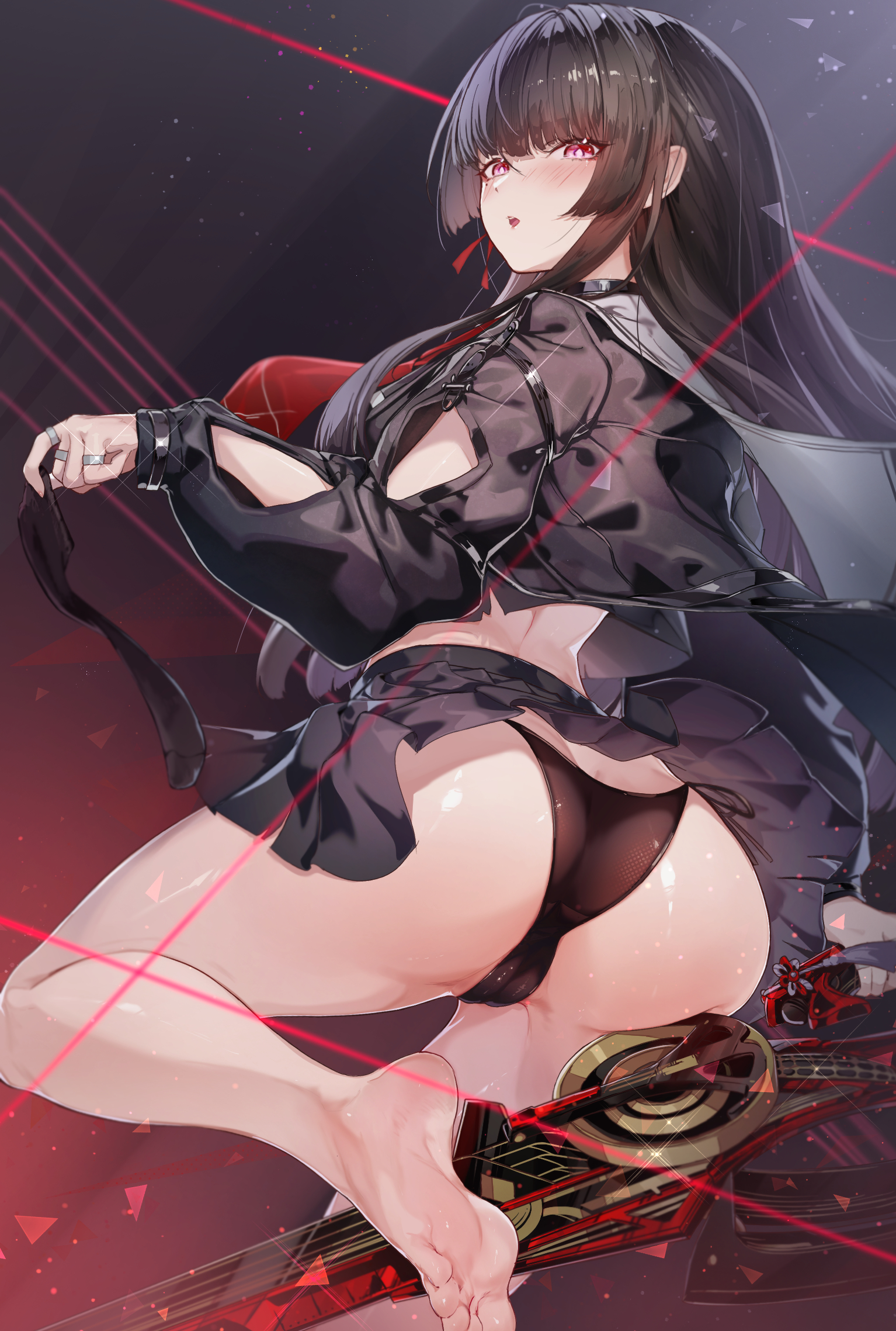 1girls, ass, ass focus, barefoot, bewitching thighs, black hair, black panties, black underwear, chisa (wuthering waves), feet, female, foot focus, legs, long hair, panties, pantyshot, pantyshot (standing), red eyes, school uniform, schoolgirl, seifuku, soles, thighs, toes, underwear, uniform, upskirt, wuthering waves